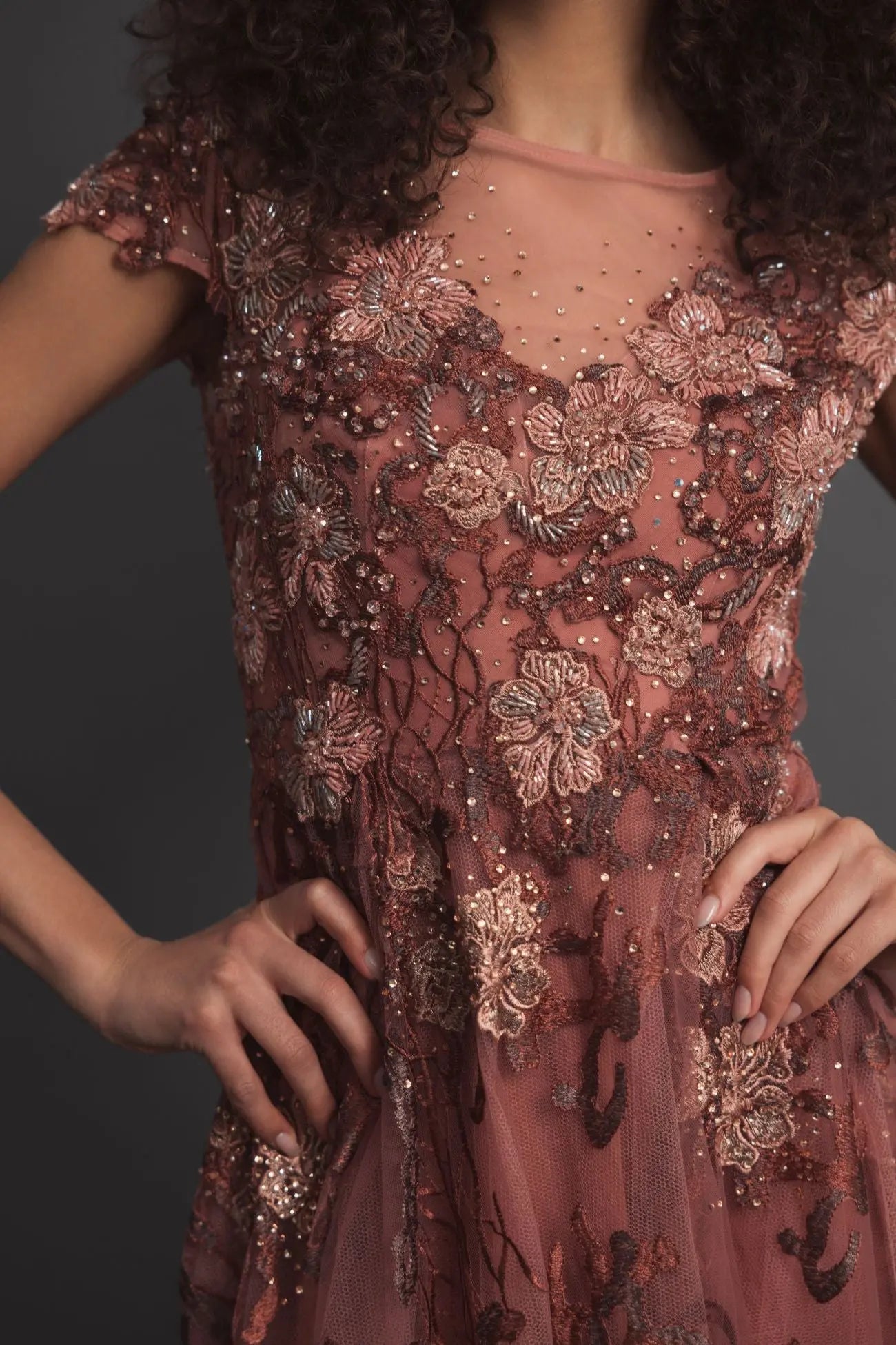 Pink Floral Embroidered Cap Sleeve Evening Gown-Myartka