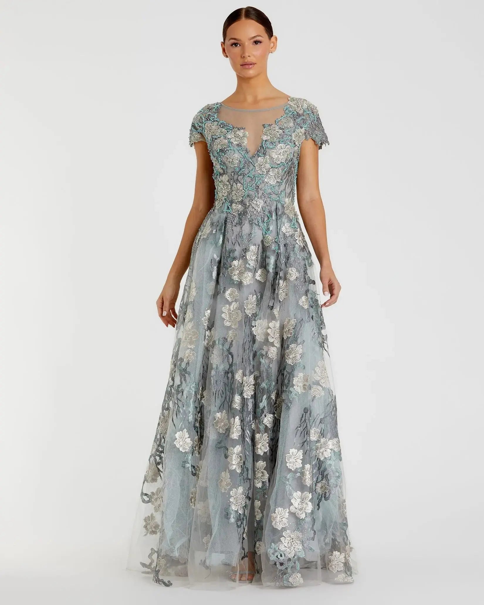 Green Floral Embroidered Short Cap Evening Gown - FINAL SALE-Myartka