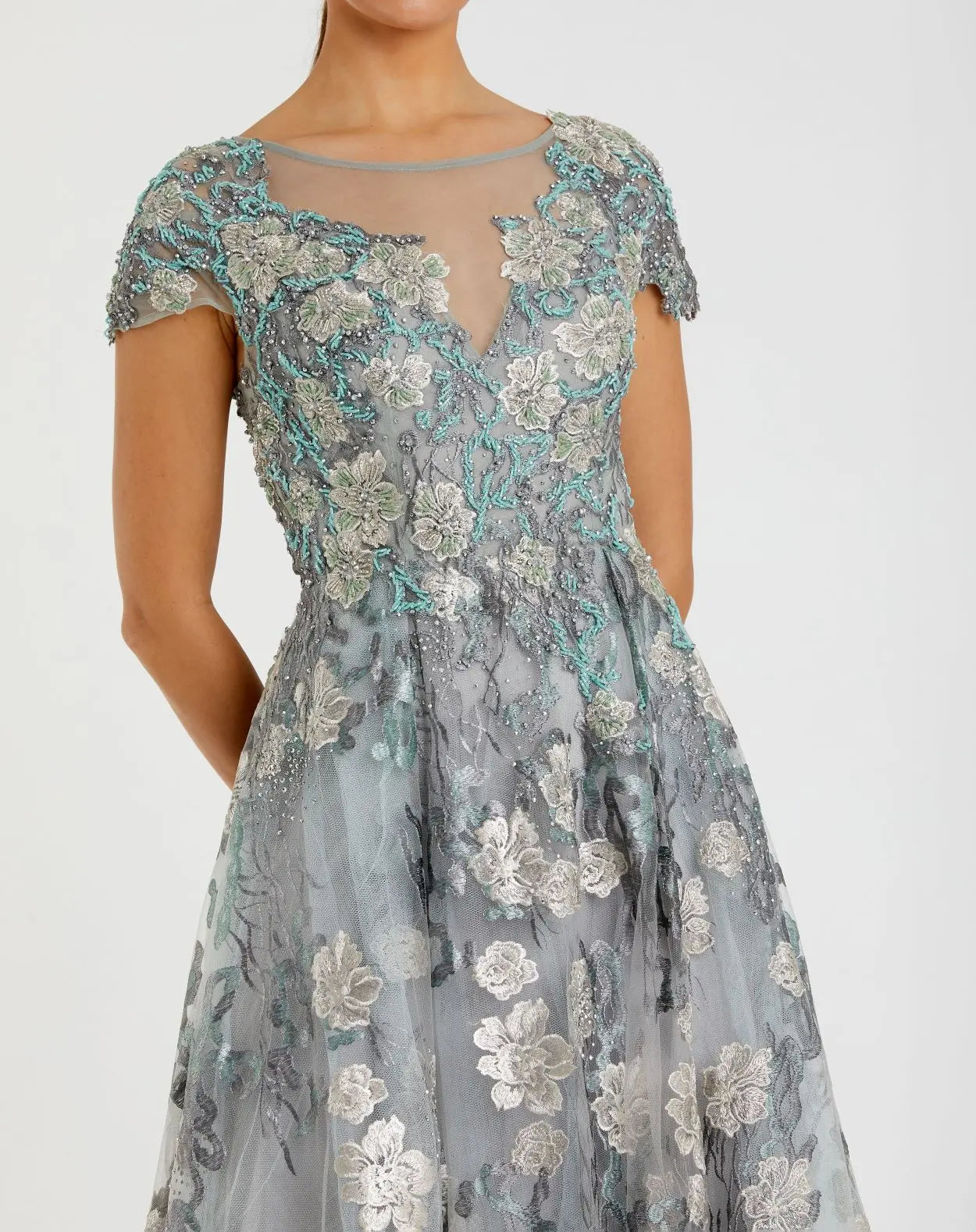 Green Floral Embroidered Short Cap Evening Gown - FINAL SALE-Myartka
