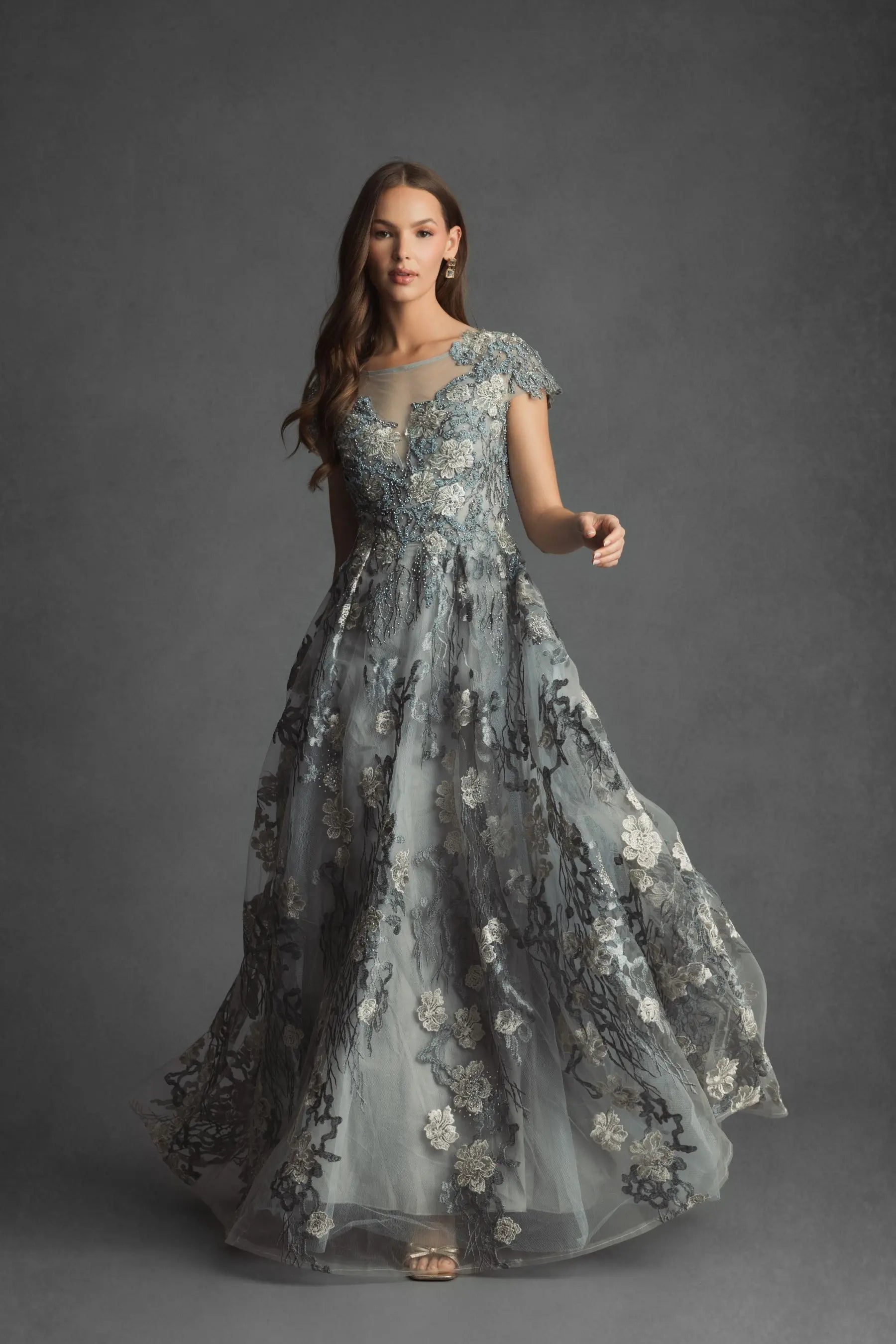 Green Floral Embroidered Short Cap Evening Gown - FINAL SALE-Myartka