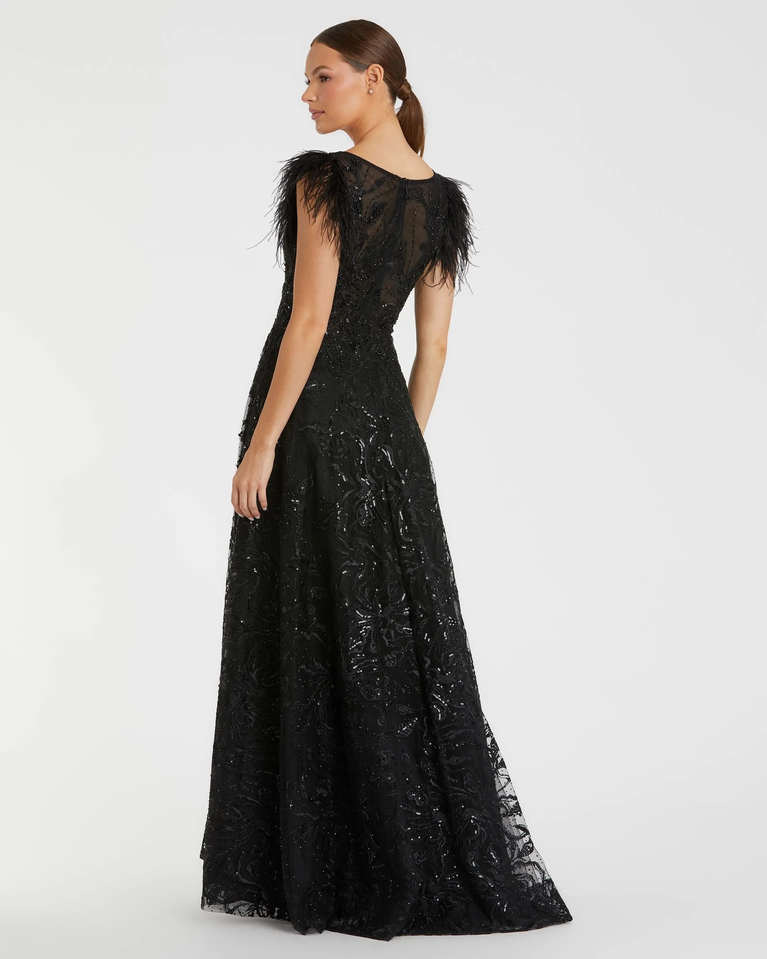 Black Embellished Boat Neck A-Line Gown with Feather Sleeves-Myartka