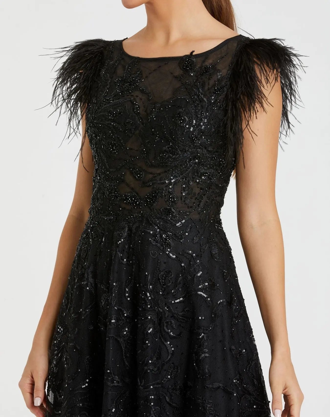 Black Embellished Boat Neck A-Line Gown with Feather Sleeves-Myartka