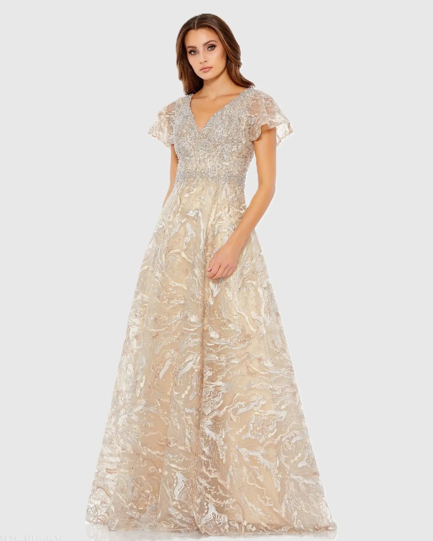 Beige Embellished Illusion Butterfly Sleeve A-Line Gown-Myartka