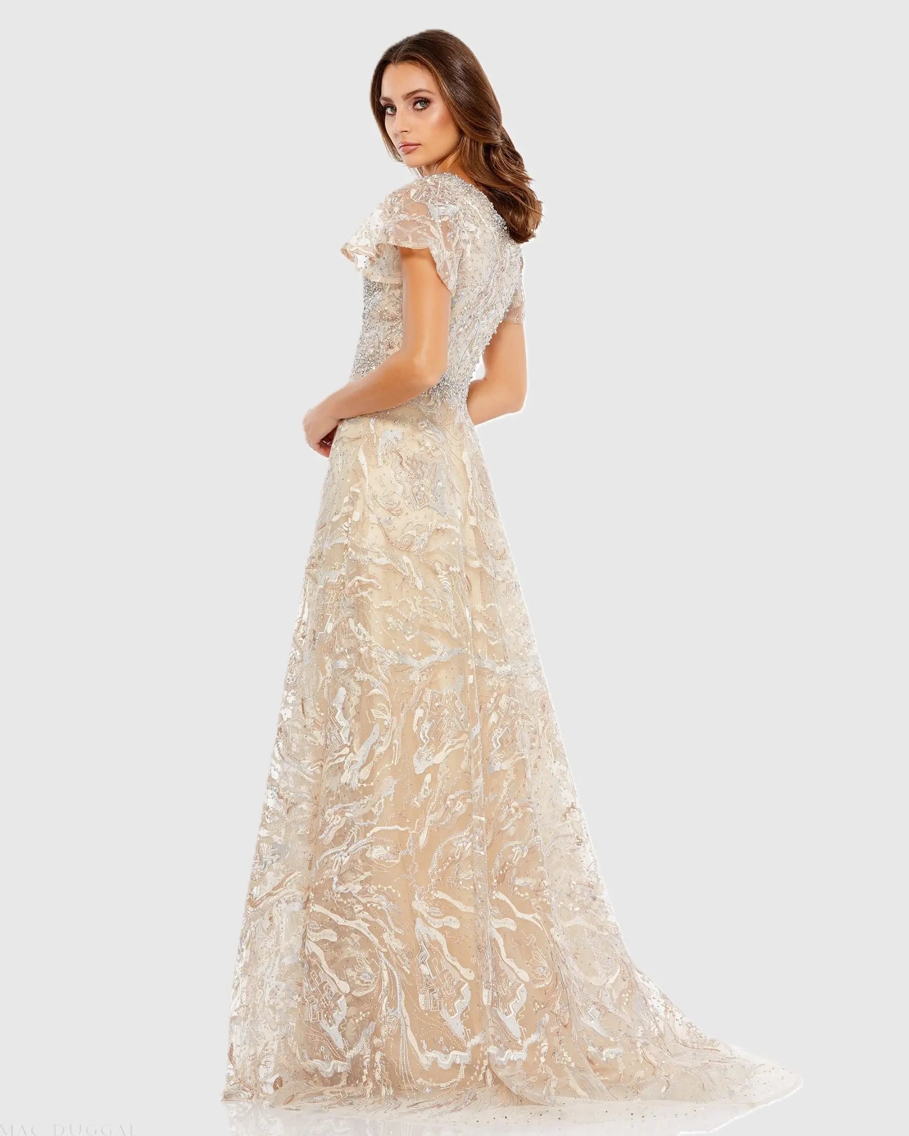 Beige Embellished Illusion Butterfly Sleeve A-Line Gown-Myartka