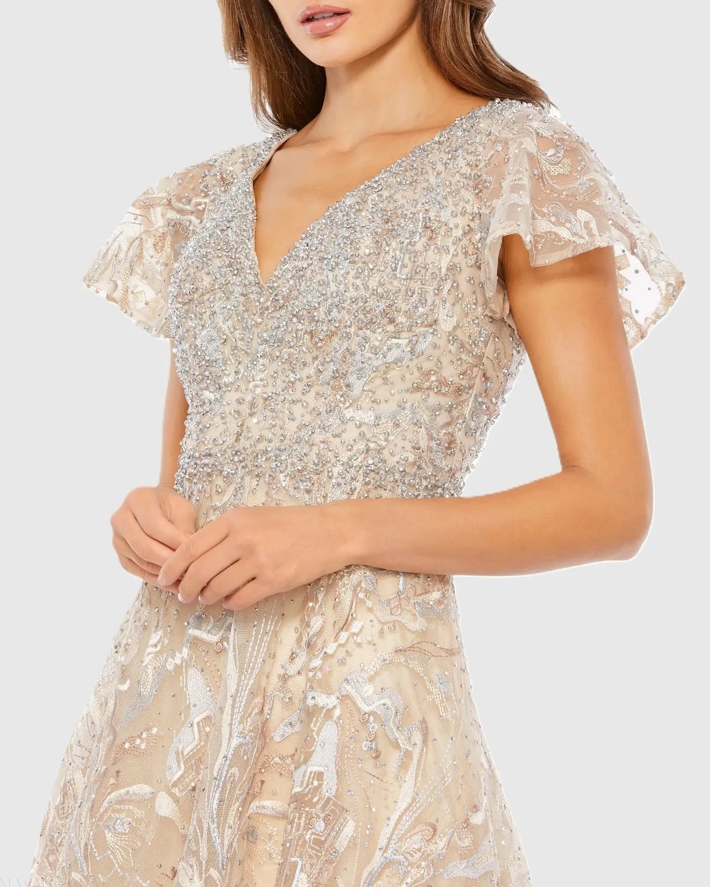 Beige Embellished Illusion Butterfly Sleeve A-Line Gown-Myartka