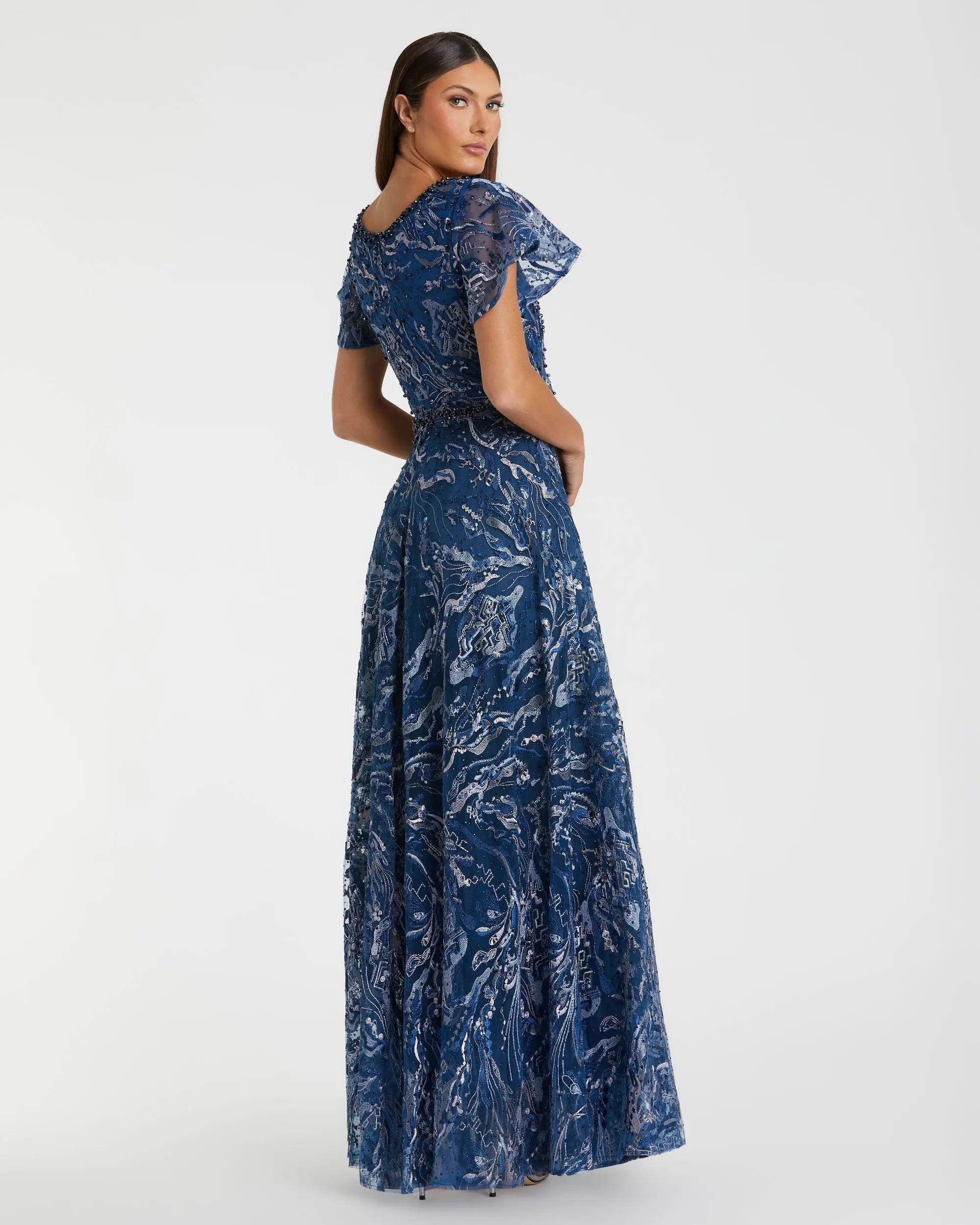 Navy Embellished Illusion Butterfly Sleeve A-Line Gown-Myartka