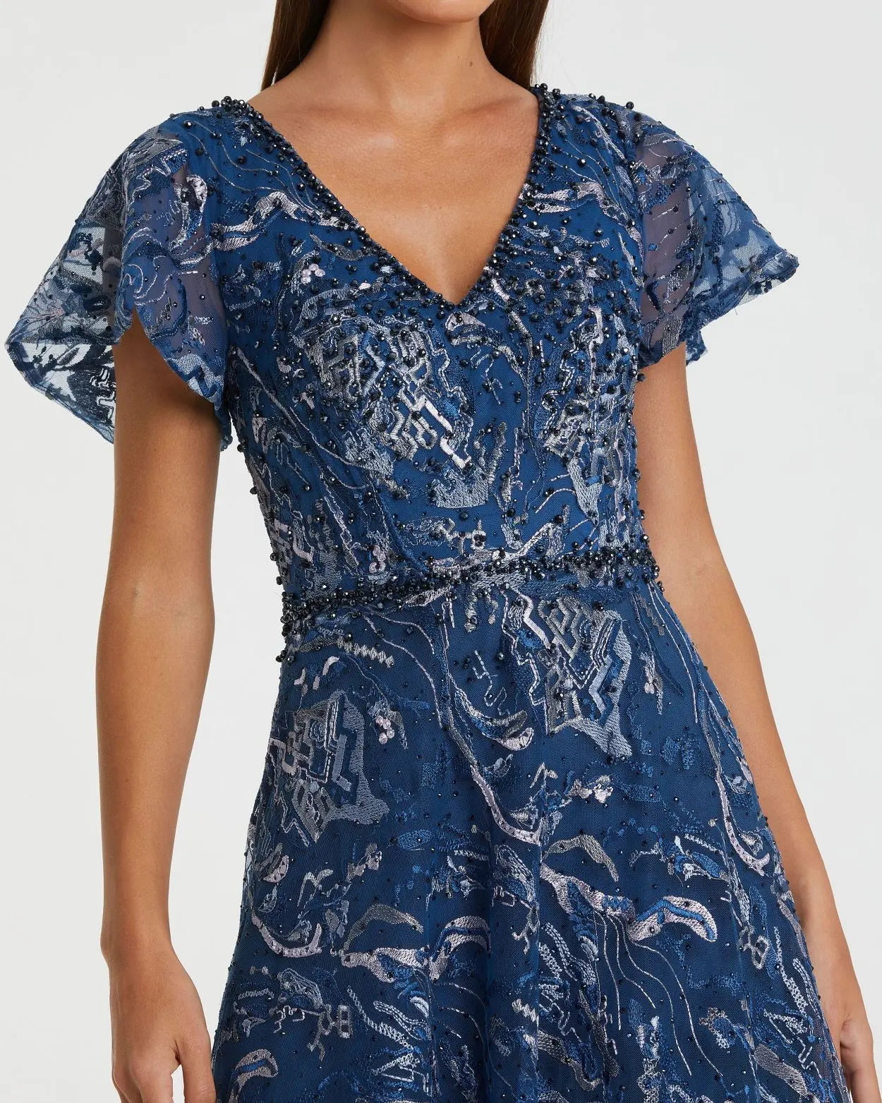 Navy Embellished Illusion Butterfly Sleeve A-Line Gown-Myartka