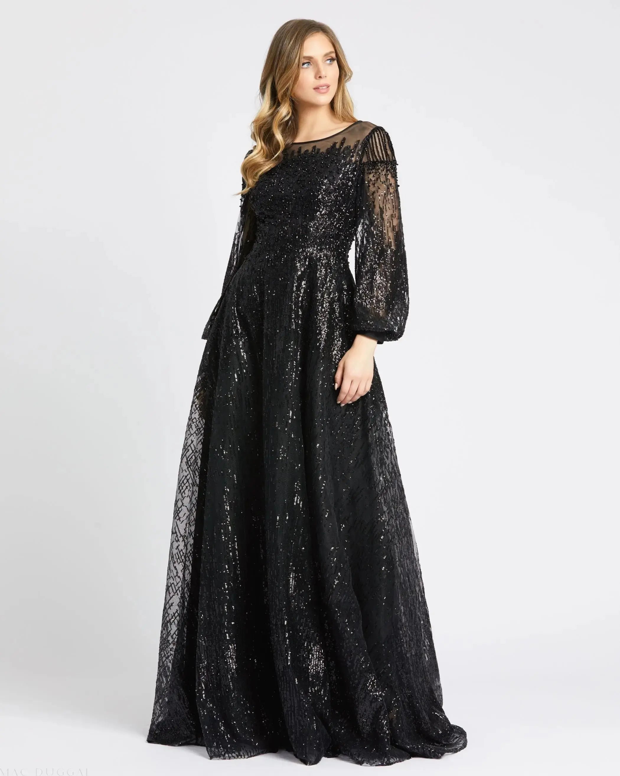 Black Jewel Encrusted Illusion Long Sleeve A Line Gown-Myartka