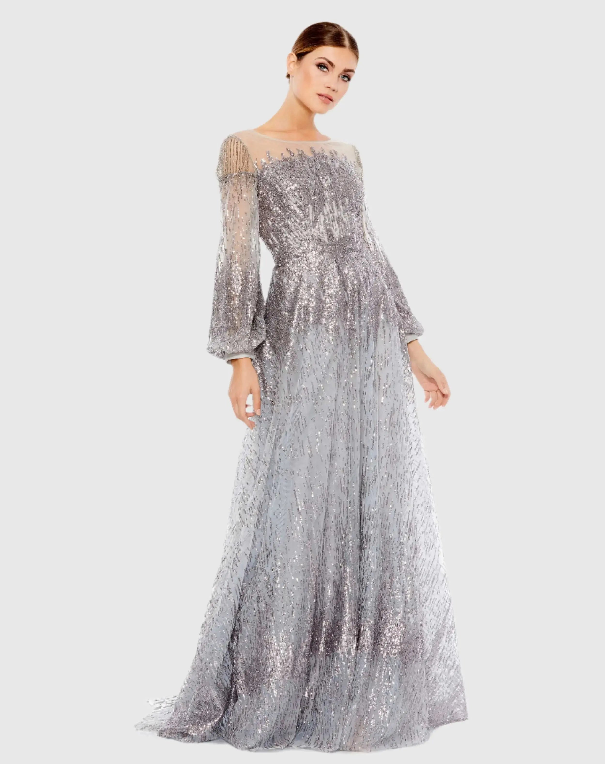 Jewel Encrusted Illusion Long Sleeve A Line Gown-Myartka