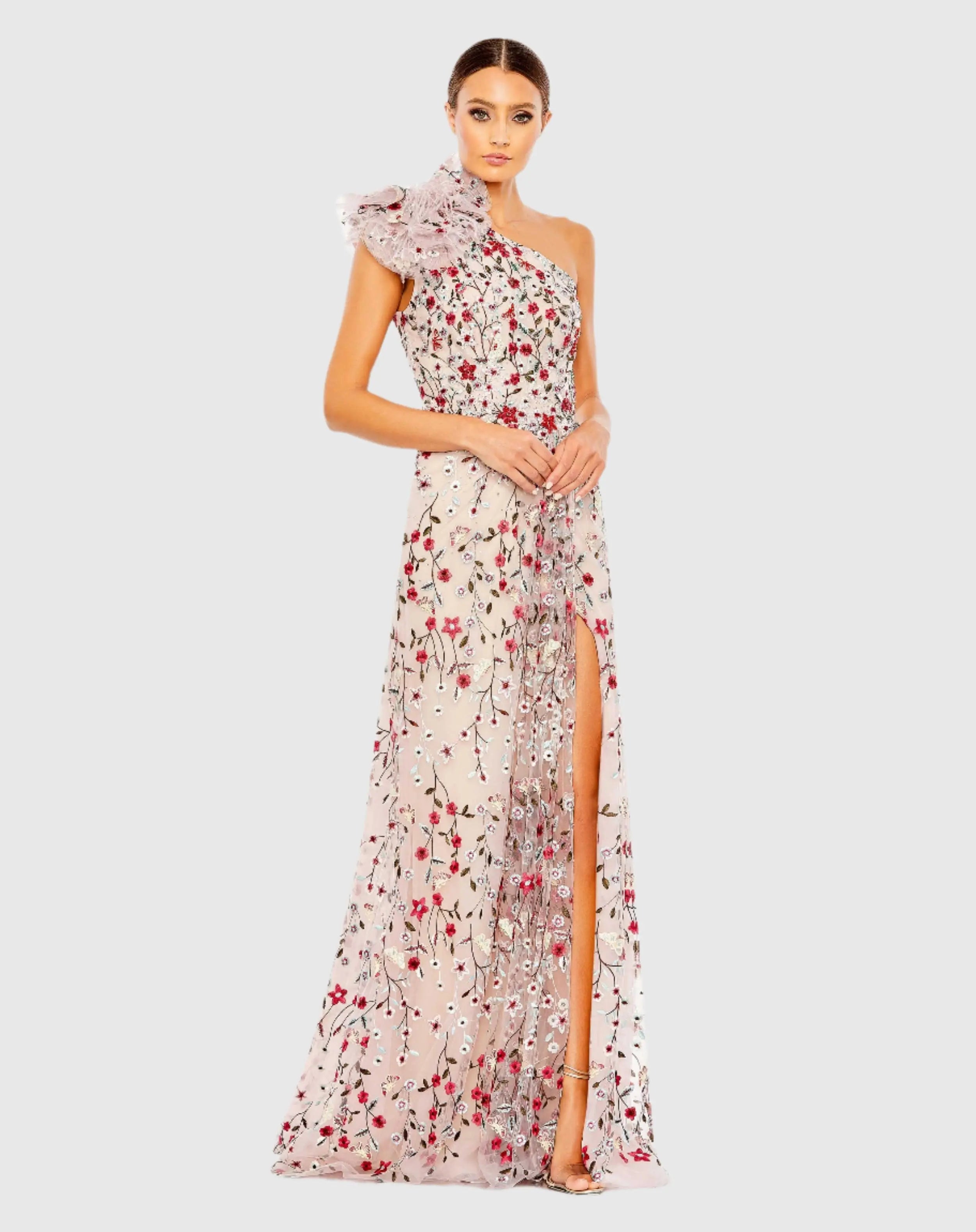 Pink Embellished One Shoulder A Line Floral Gown-Myartka