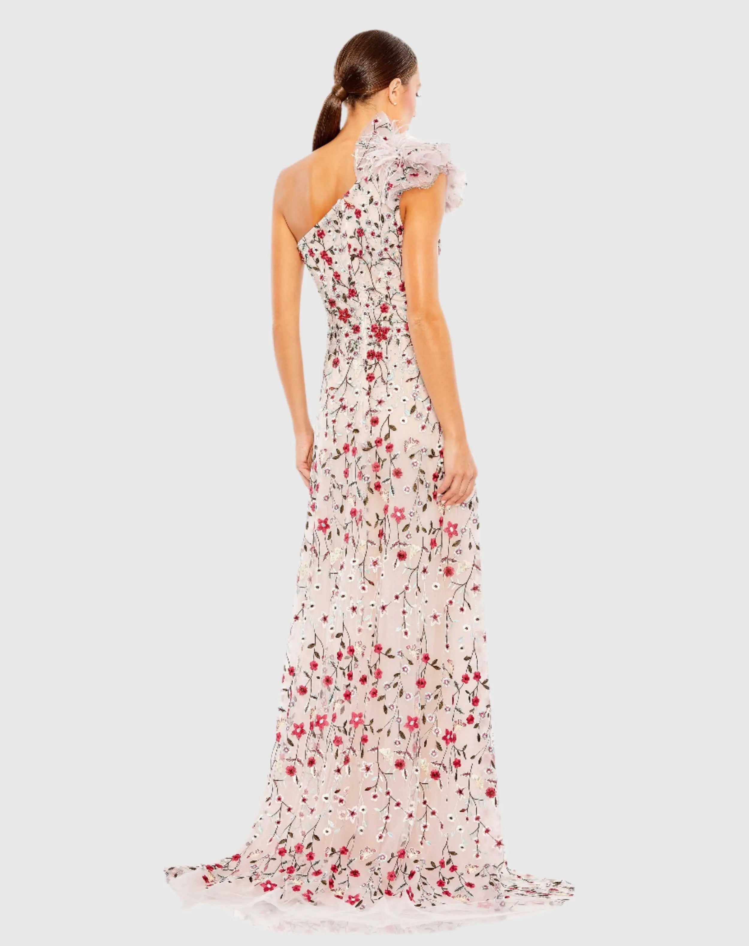 Pink Embellished One Shoulder A Line Floral Gown-Myartka
