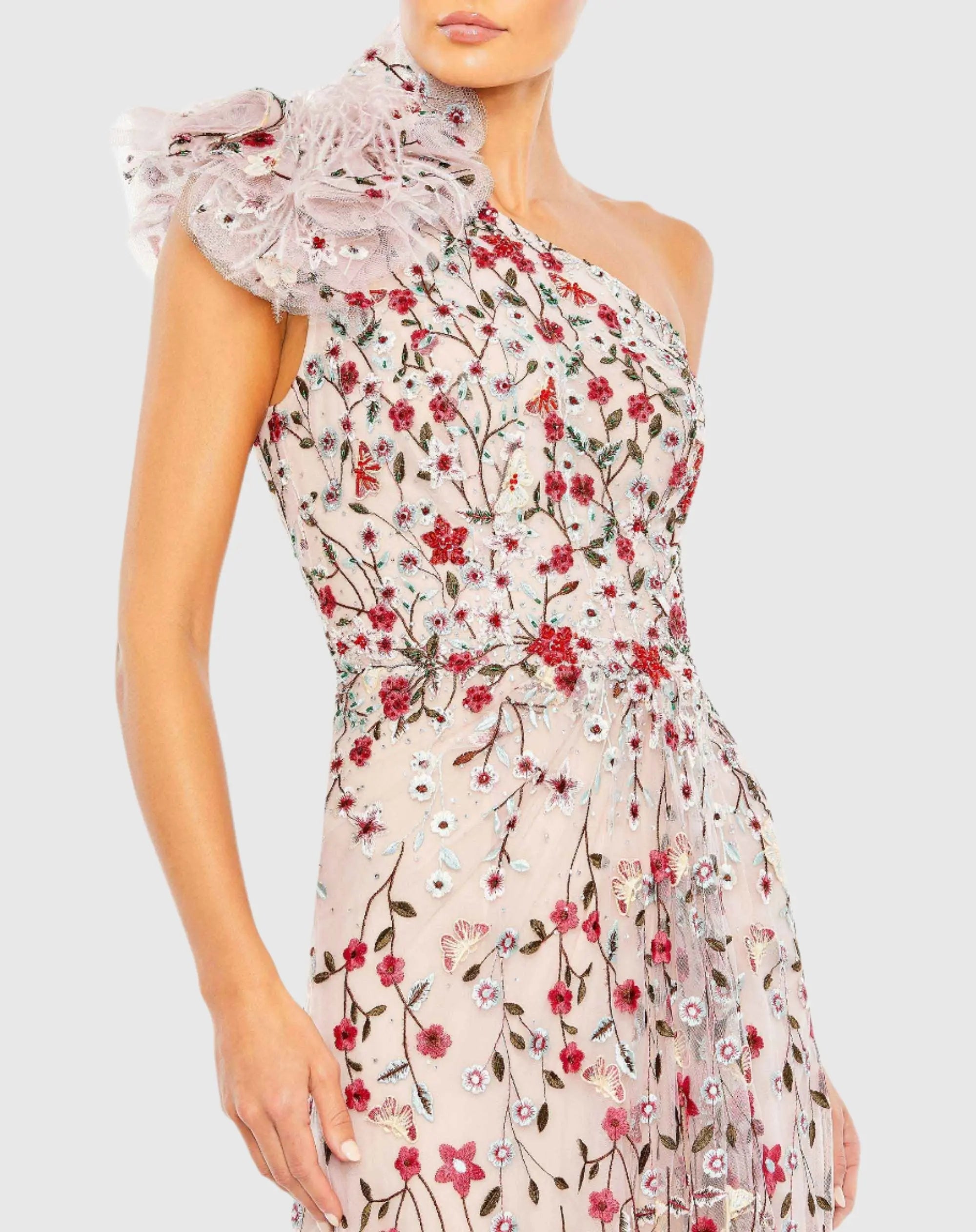 Pink Embellished One Shoulder A Line Floral Gown-Myartka