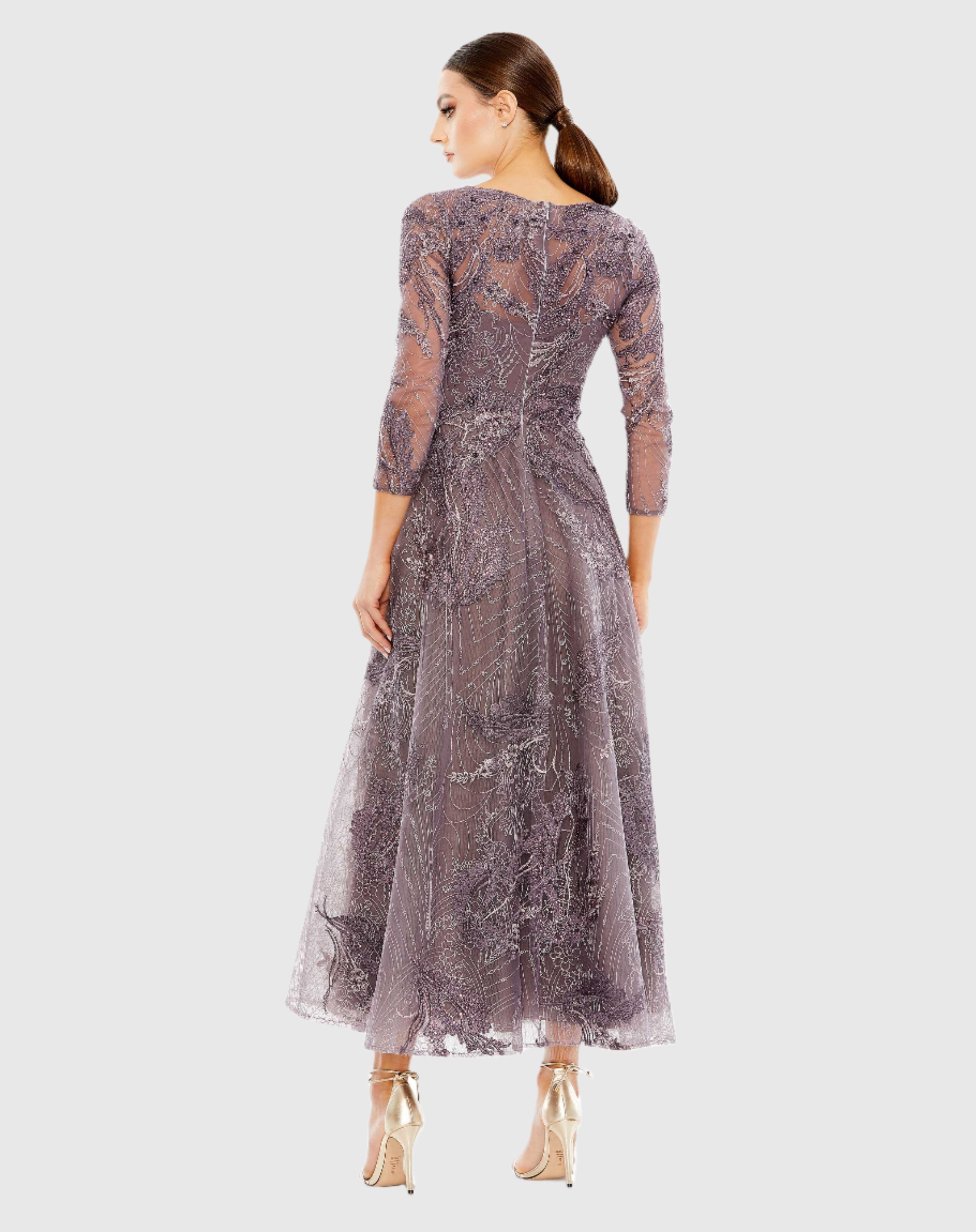 Purple Embellished Wrap Over 3/4 Sleeve Dress-Myartka