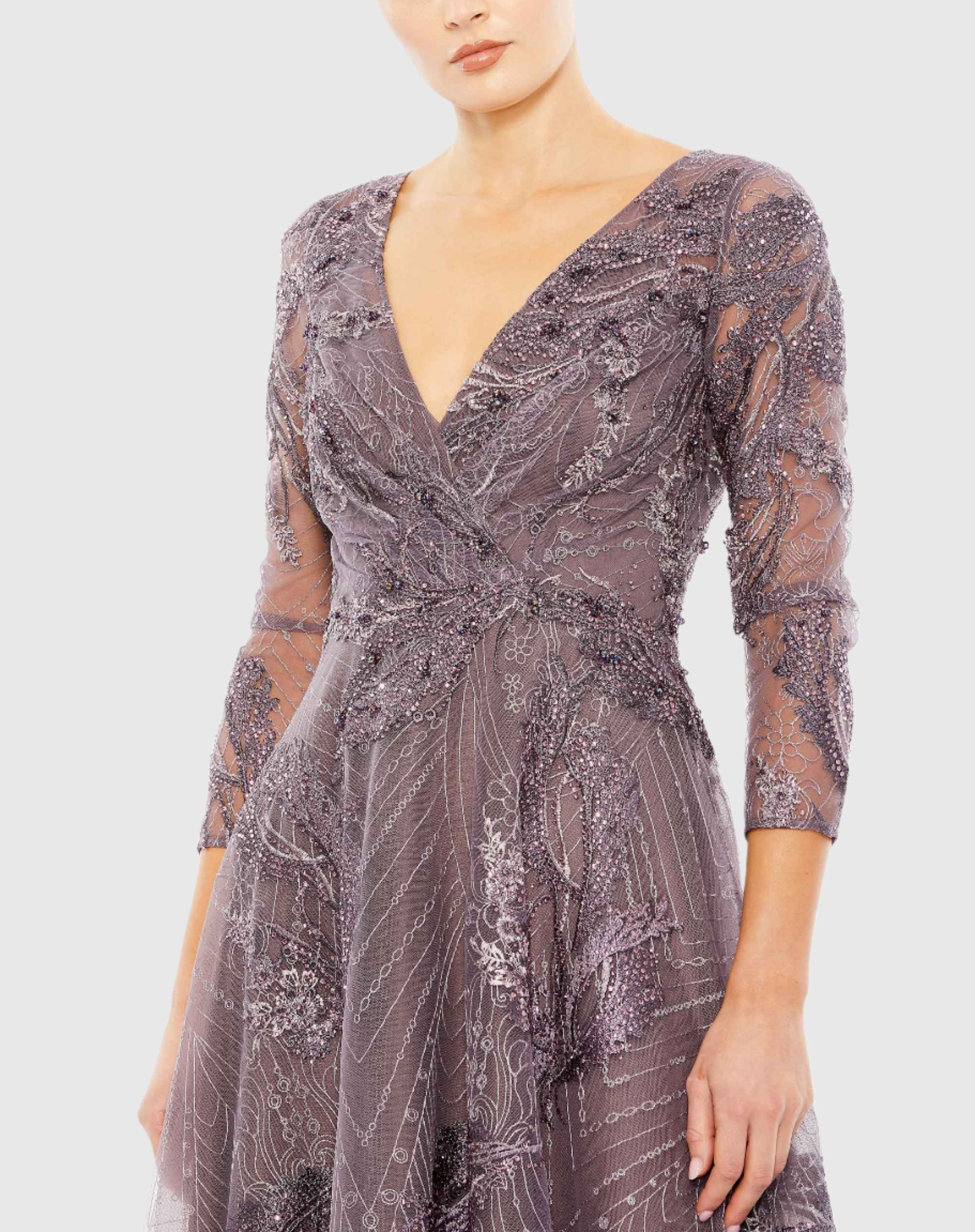 Purple Embellished Wrap Over 3/4 Sleeve Dress-Myartka