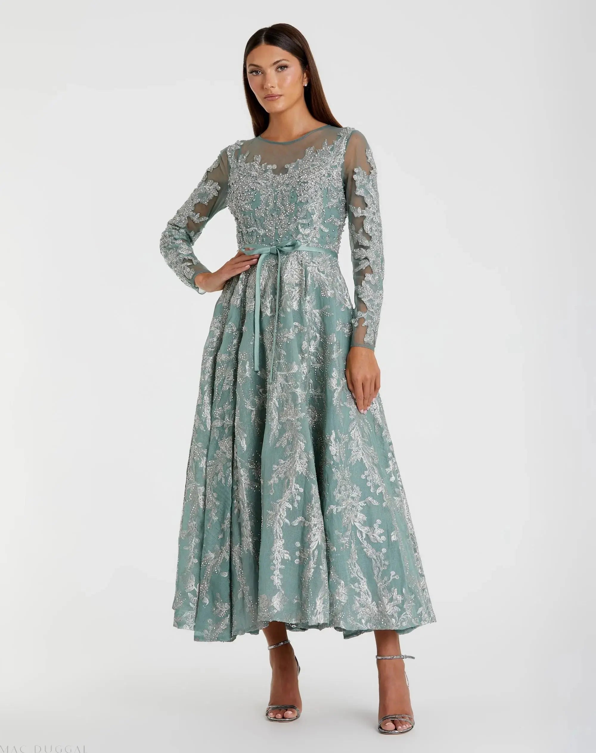 Embellished Bow Belt Illusion Long Sleeve A Line Dress-Myartka