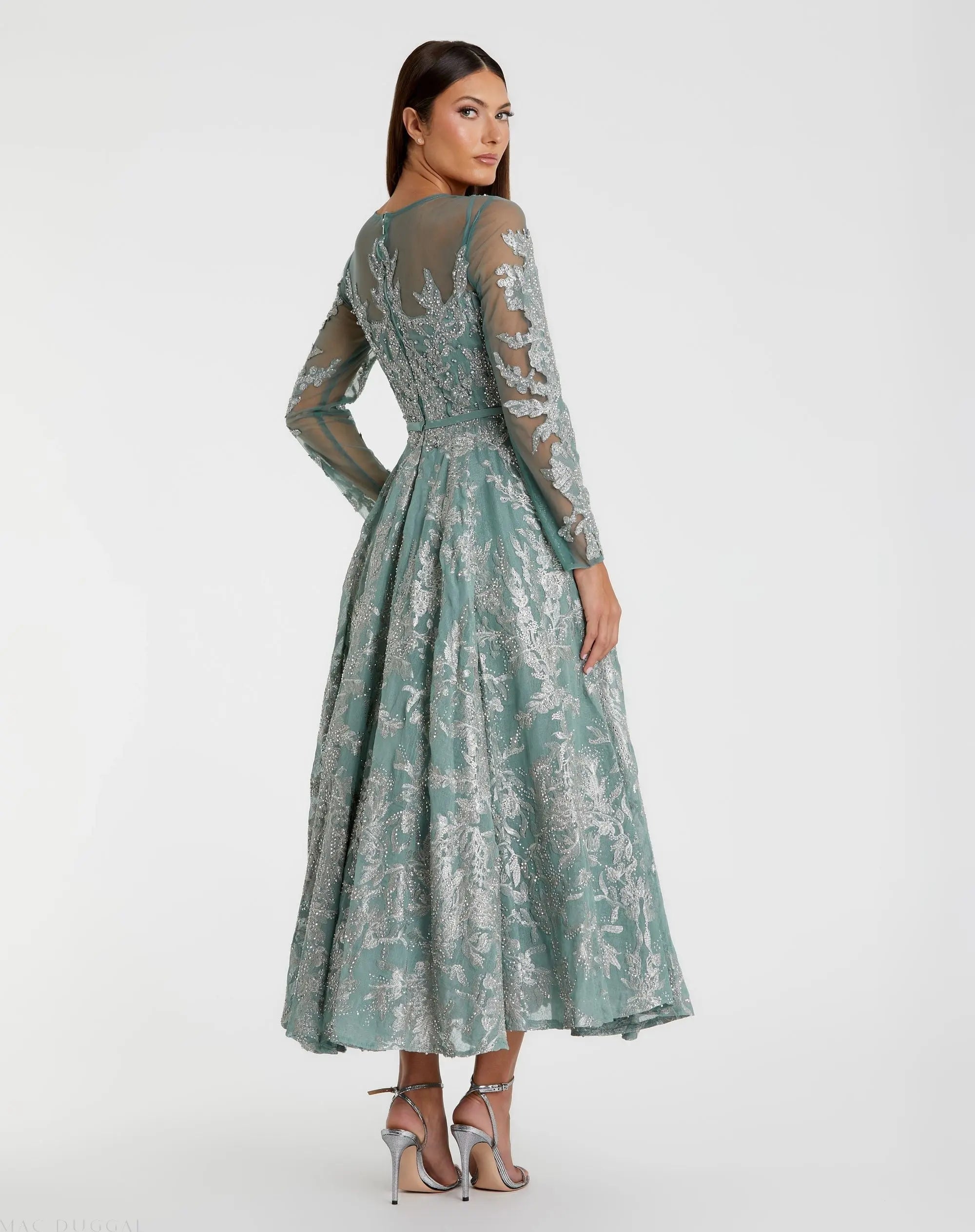 Green Embellished Bow Belt Illusion Long Sleeve A Line Dress-Myartka