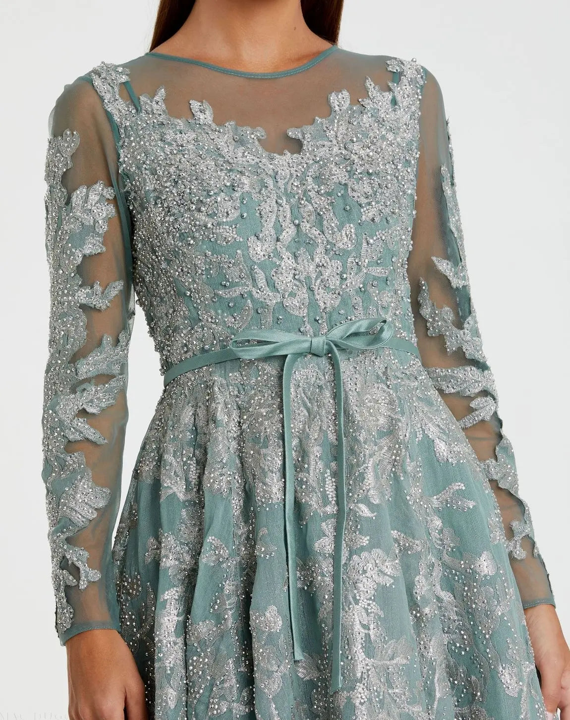 Green Embellished Bow Belt Illusion Long Sleeve A Line Dress-Myartka