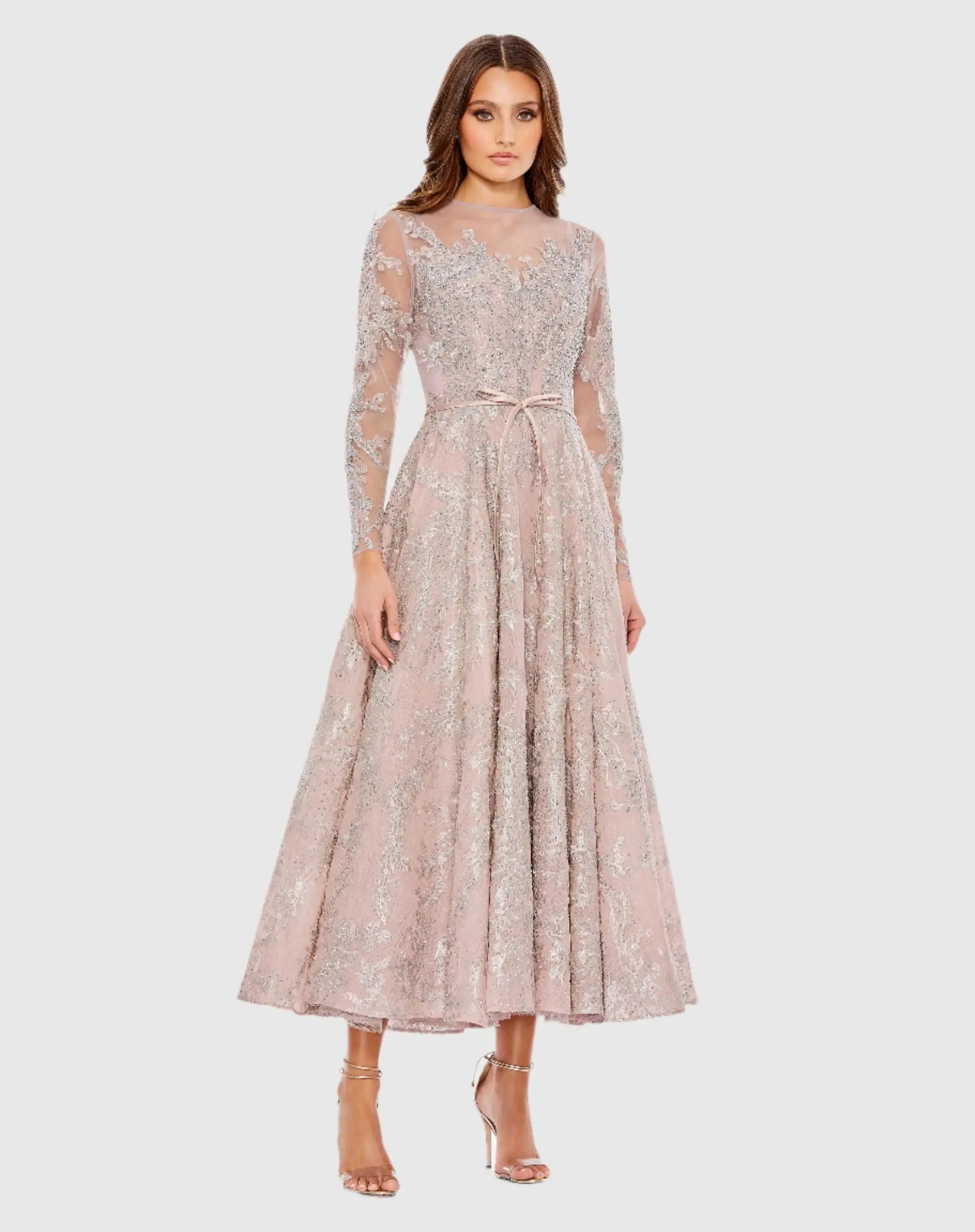 Embellished Bow Belt Illusion Long Sleeve A Line Dress-Myartka