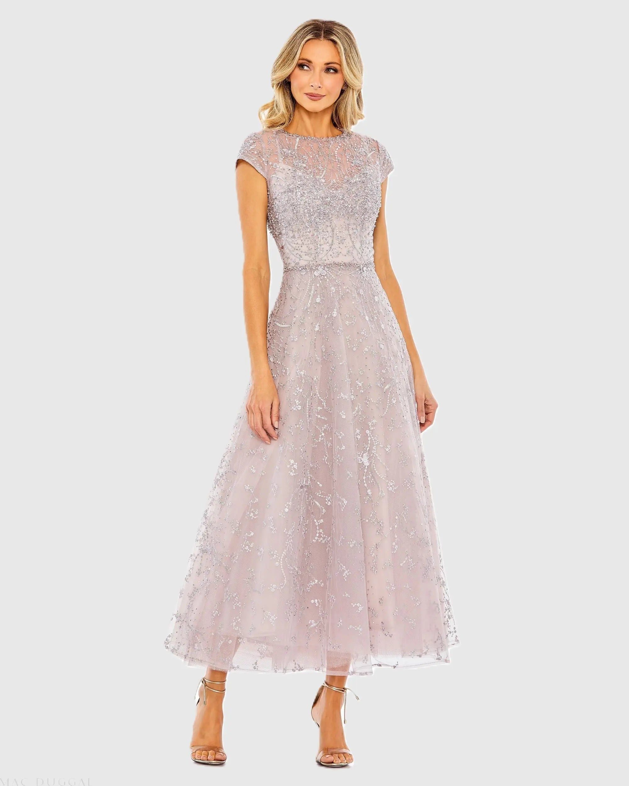 Purple Embellished High Neck Cap Sleeve A Line Dress-Myartka