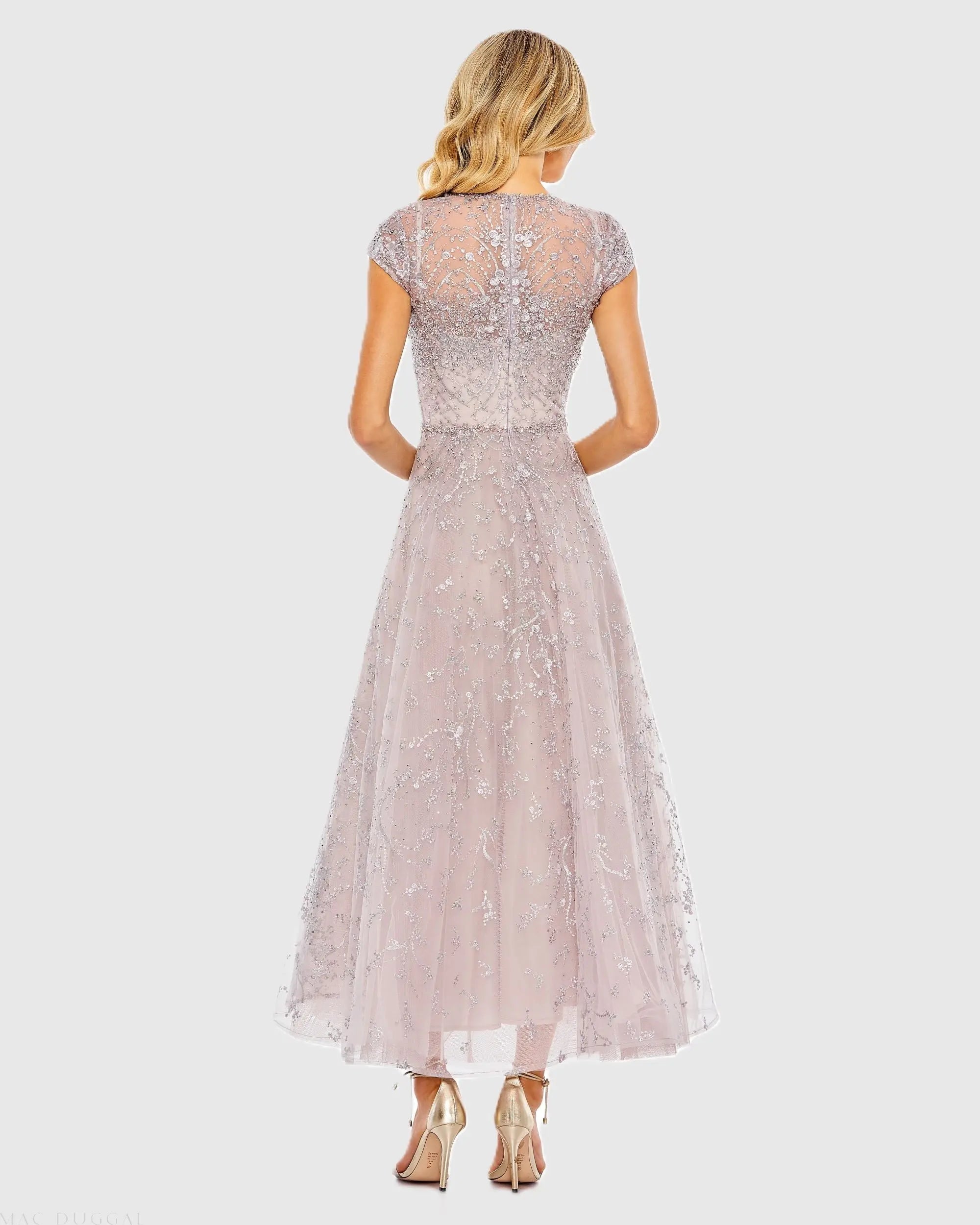 Purple Embellished High Neck Cap Sleeve A Line Dress-Myartka