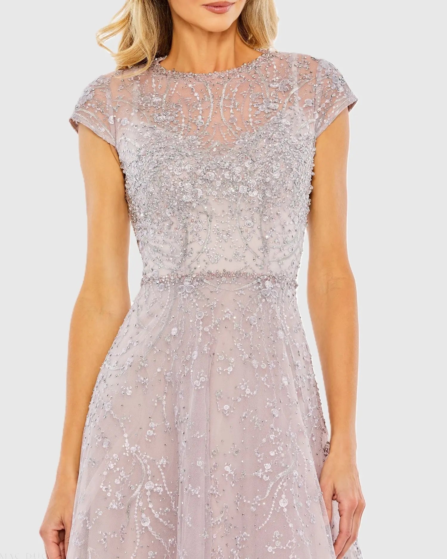 Purple Embellished High Neck Cap Sleeve A Line Dress-Myartka