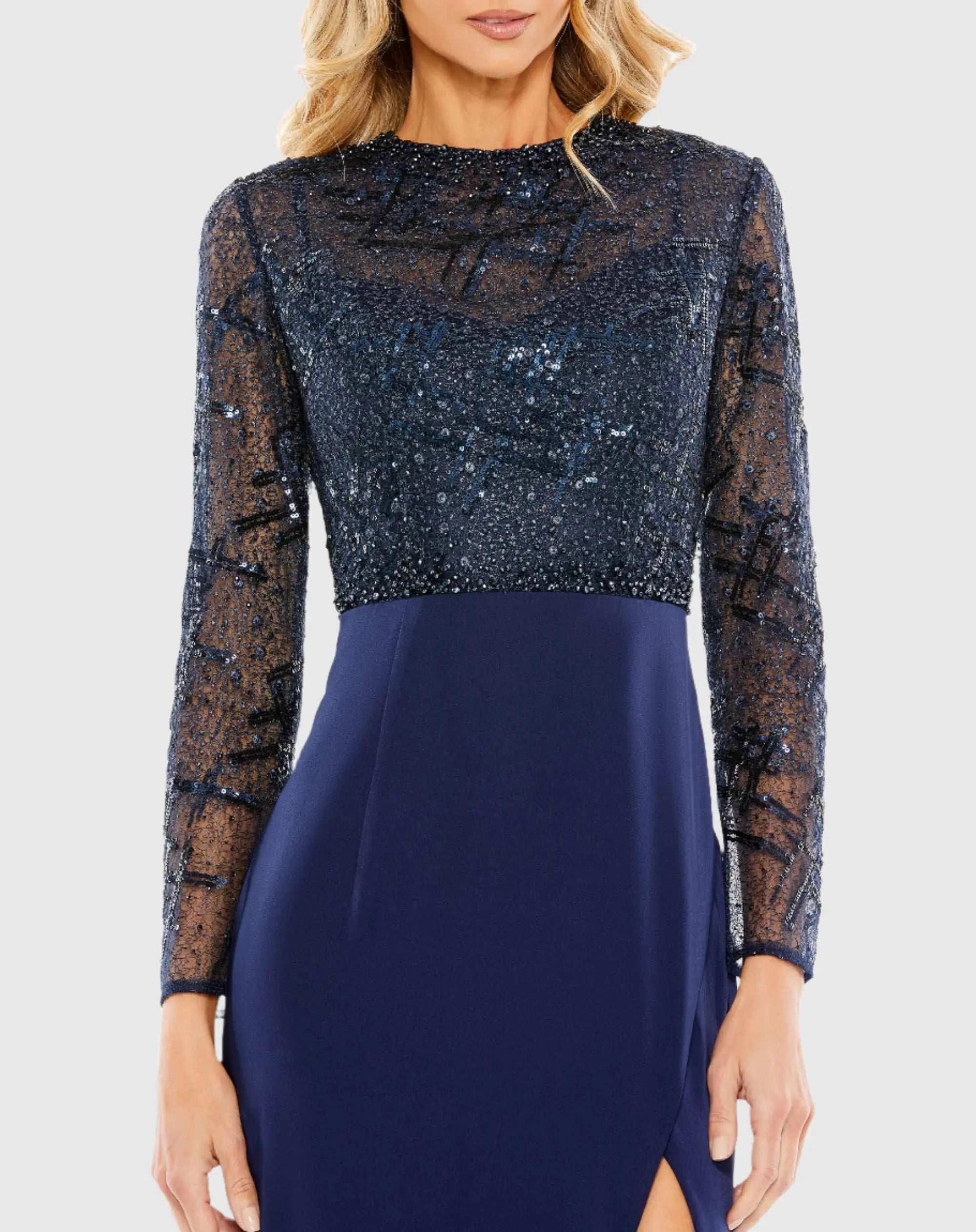 Navy Embellished High Neck Bodice Faux Wrap Gown - FINAL SALE-Myartka