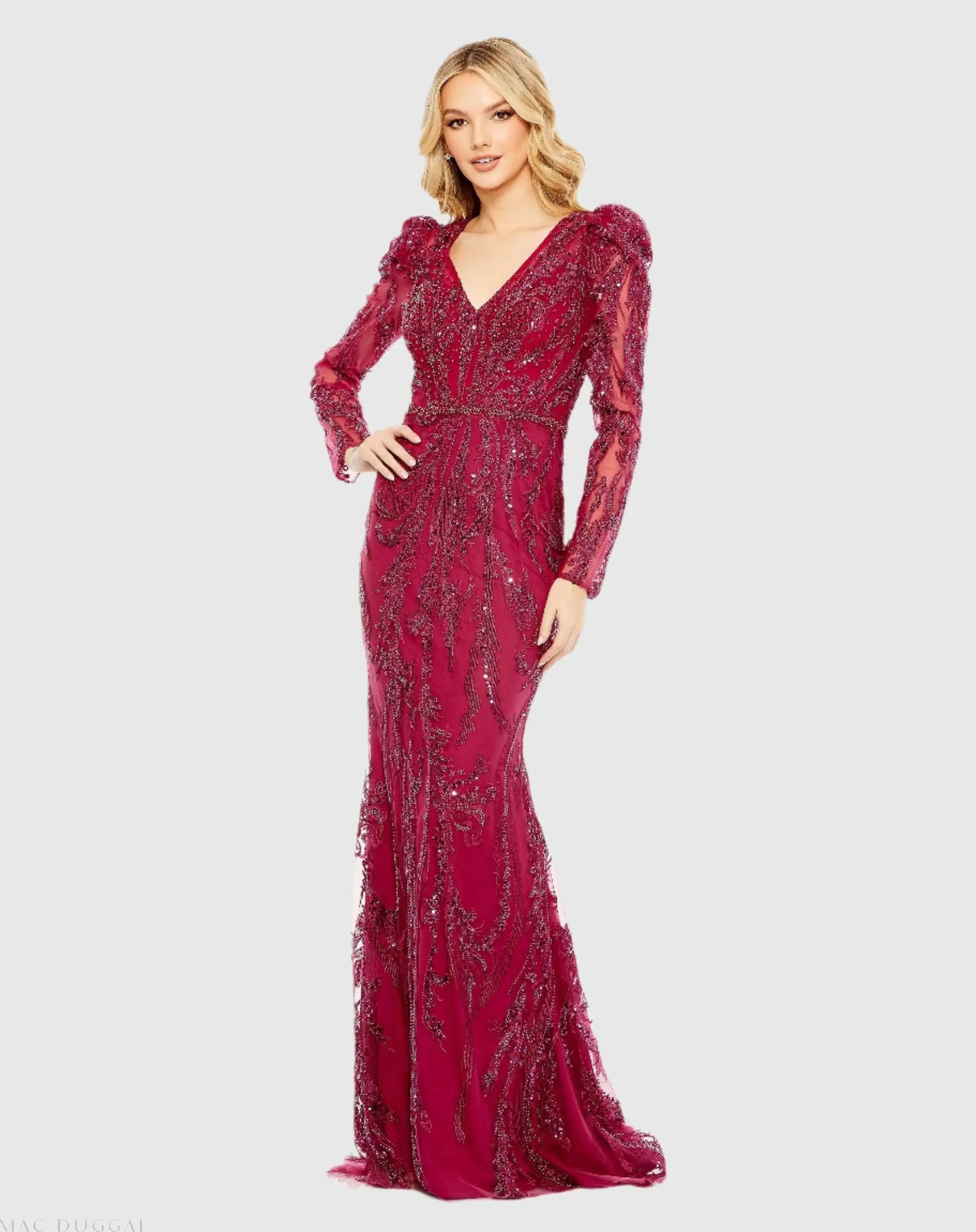 Embellished Puff Sleeve V Neck Gown-Myartka