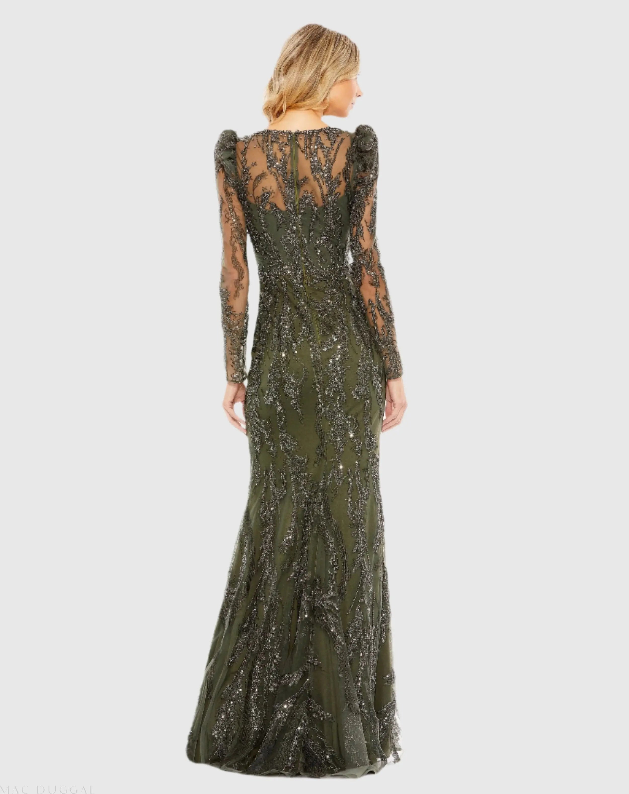 Green Embellished Puff Sleeve V Neck Gown-Myartka