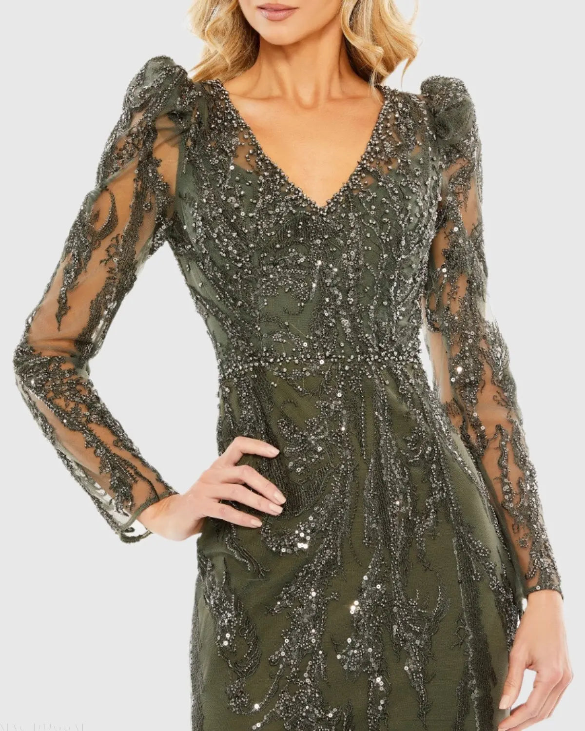 Green Embellished Puff Sleeve V Neck Gown-Myartka