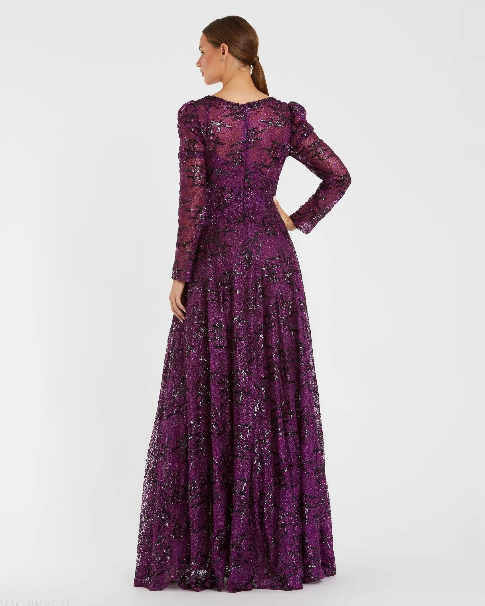 Dark Purple Embellished V Neck Long Sleeve A Line Gown-Myartka
