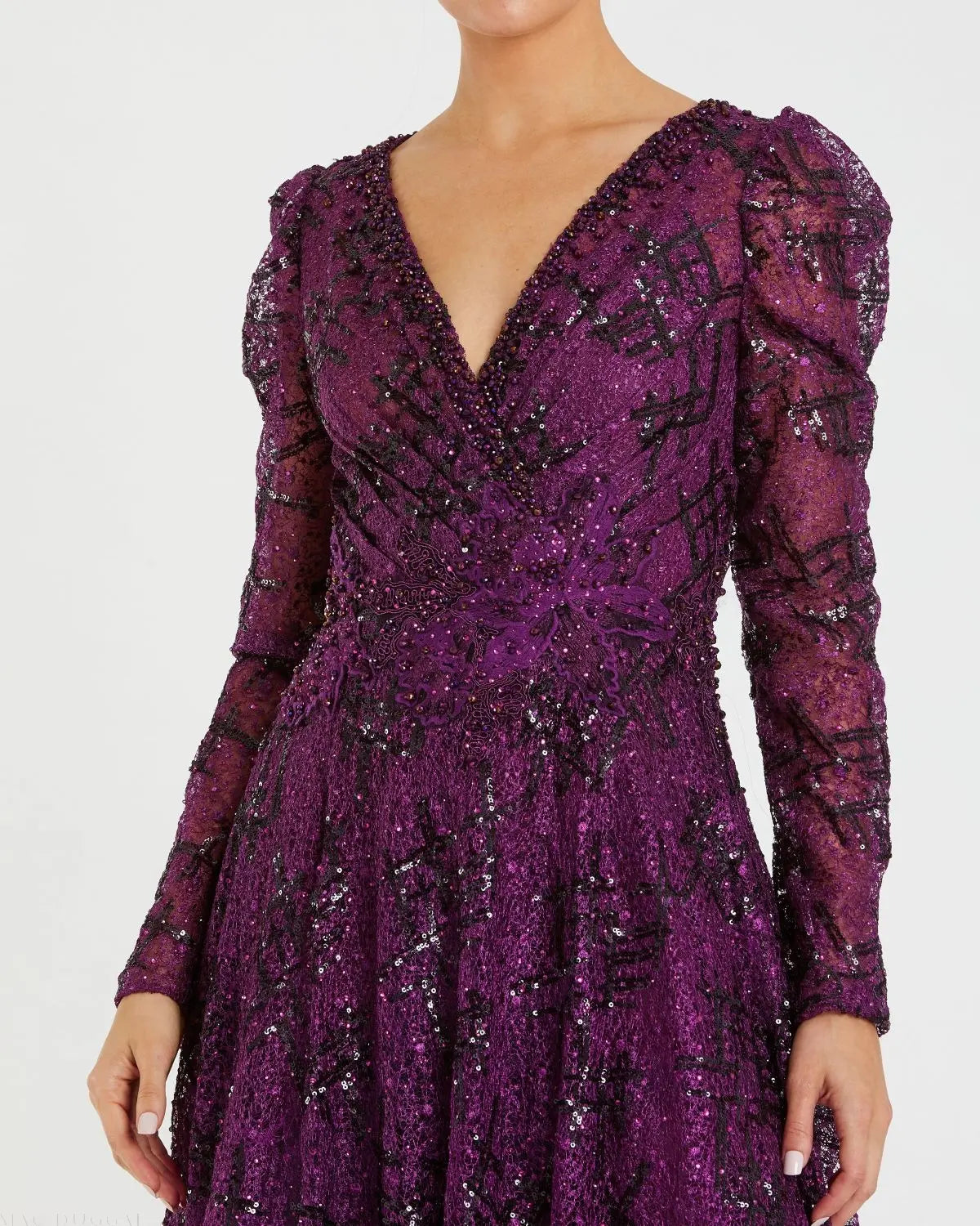 Dark Purple Embellished V Neck Long Sleeve A Line Gown-Myartka