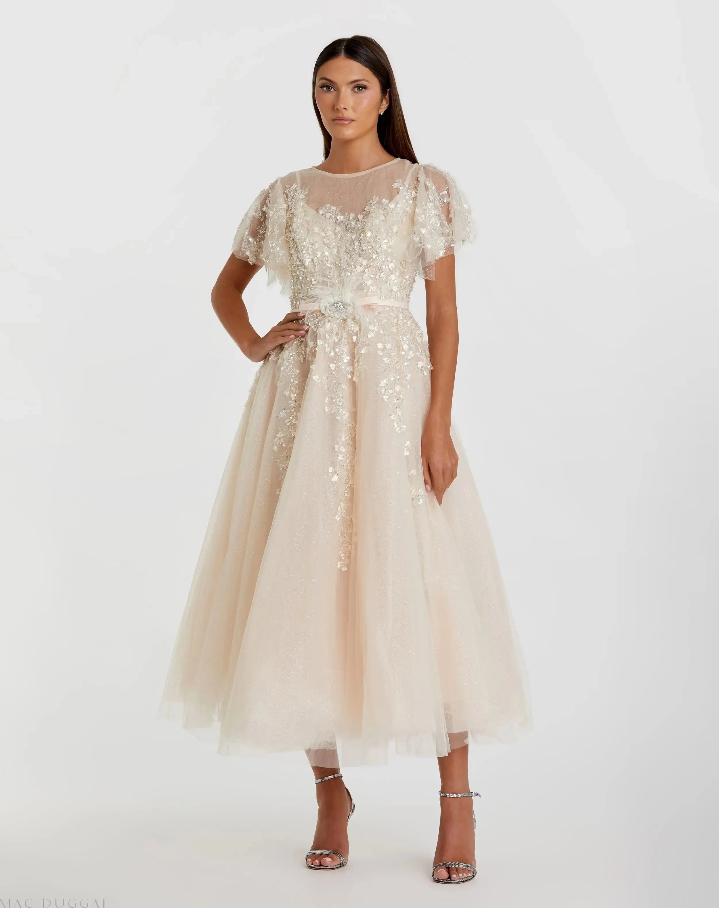 Beige Embellished Flutter Sleeve Bow Waist A Line Dress - FINAL SALE-Myartka