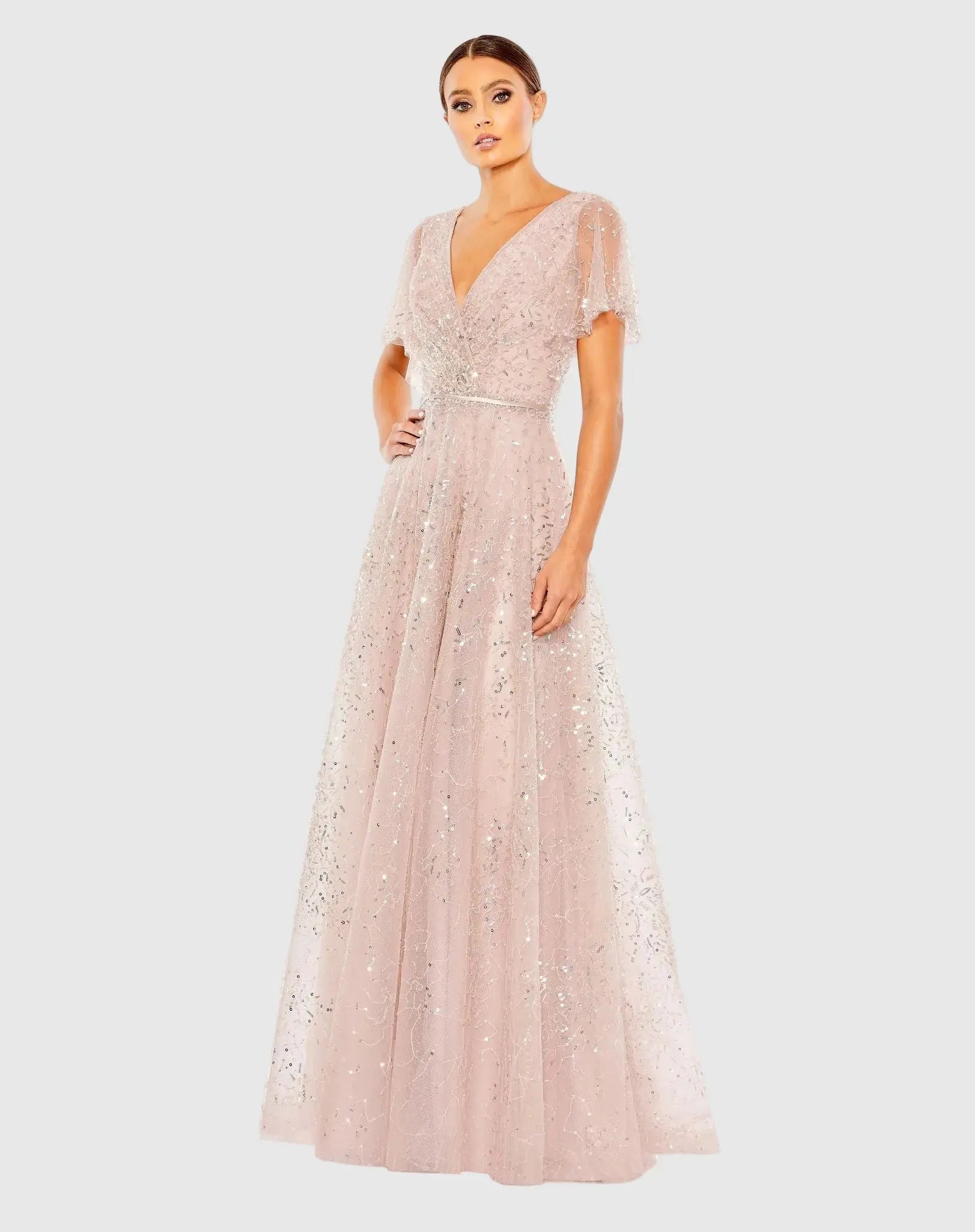 Pink Embellished Butterfly Sleeve Wrap Over Gown-Myartka