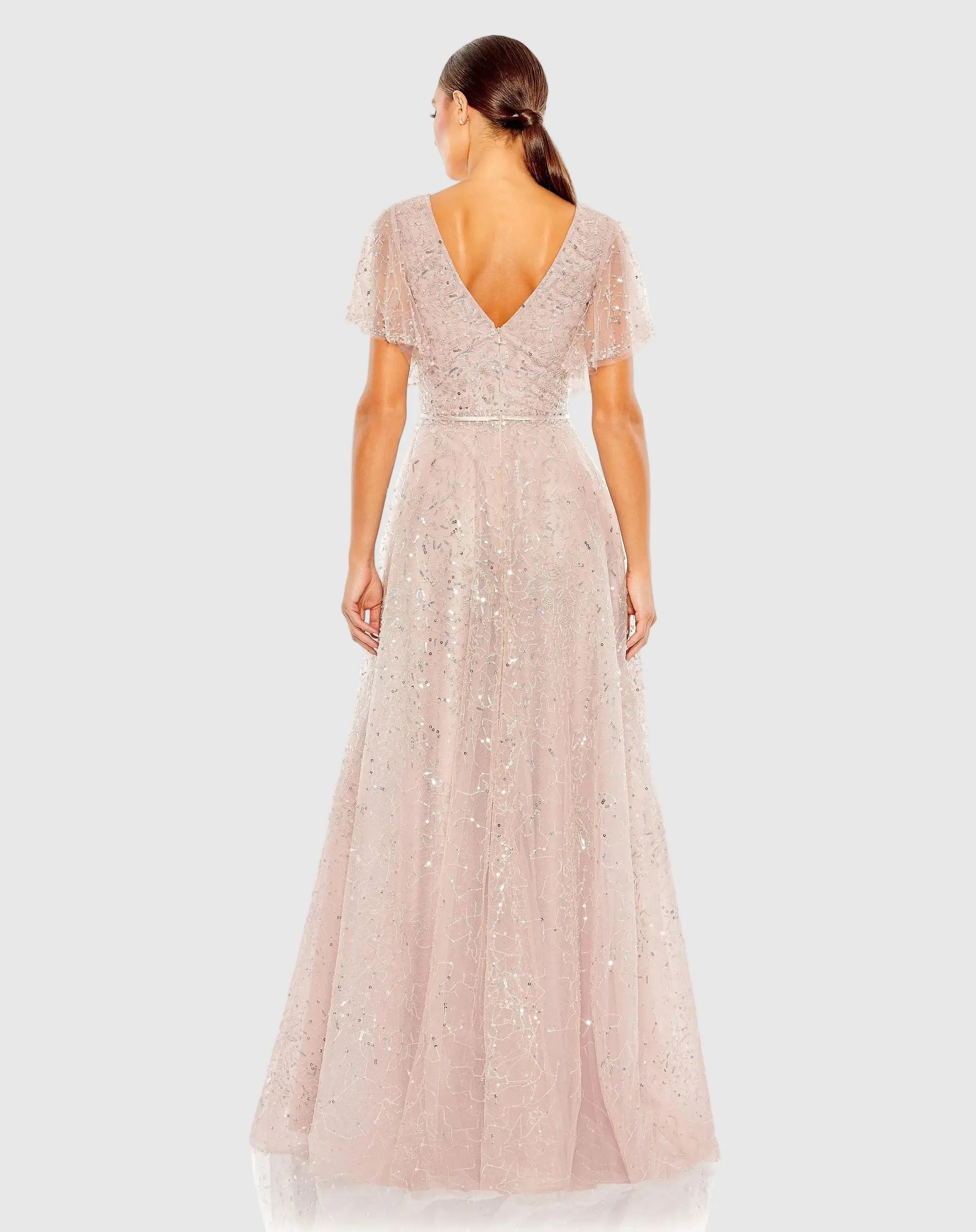 Pink Embellished Butterfly Sleeve Wrap Over Gown-Myartka