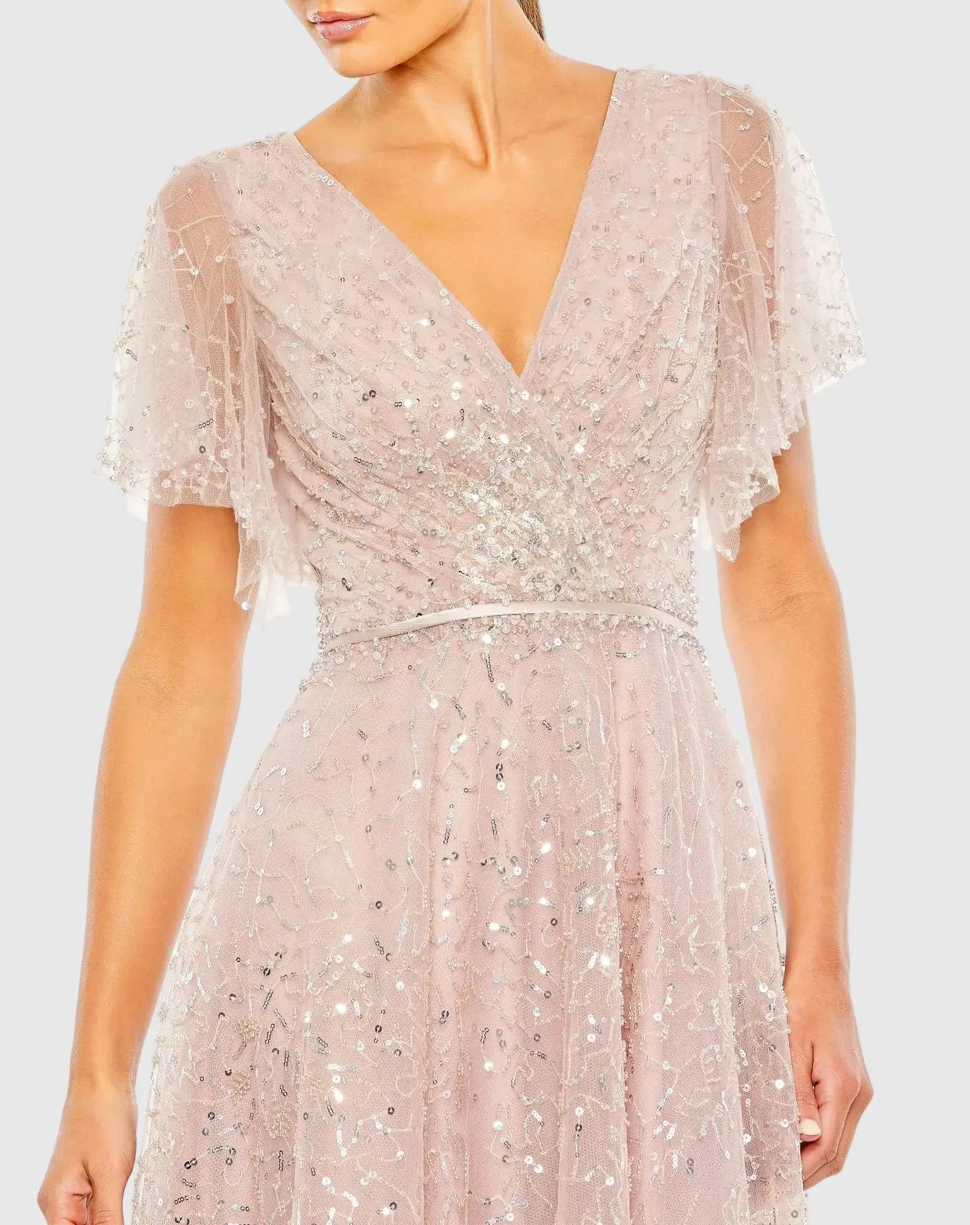 Pink Embellished Butterfly Sleeve Wrap Over Gown-Myartka