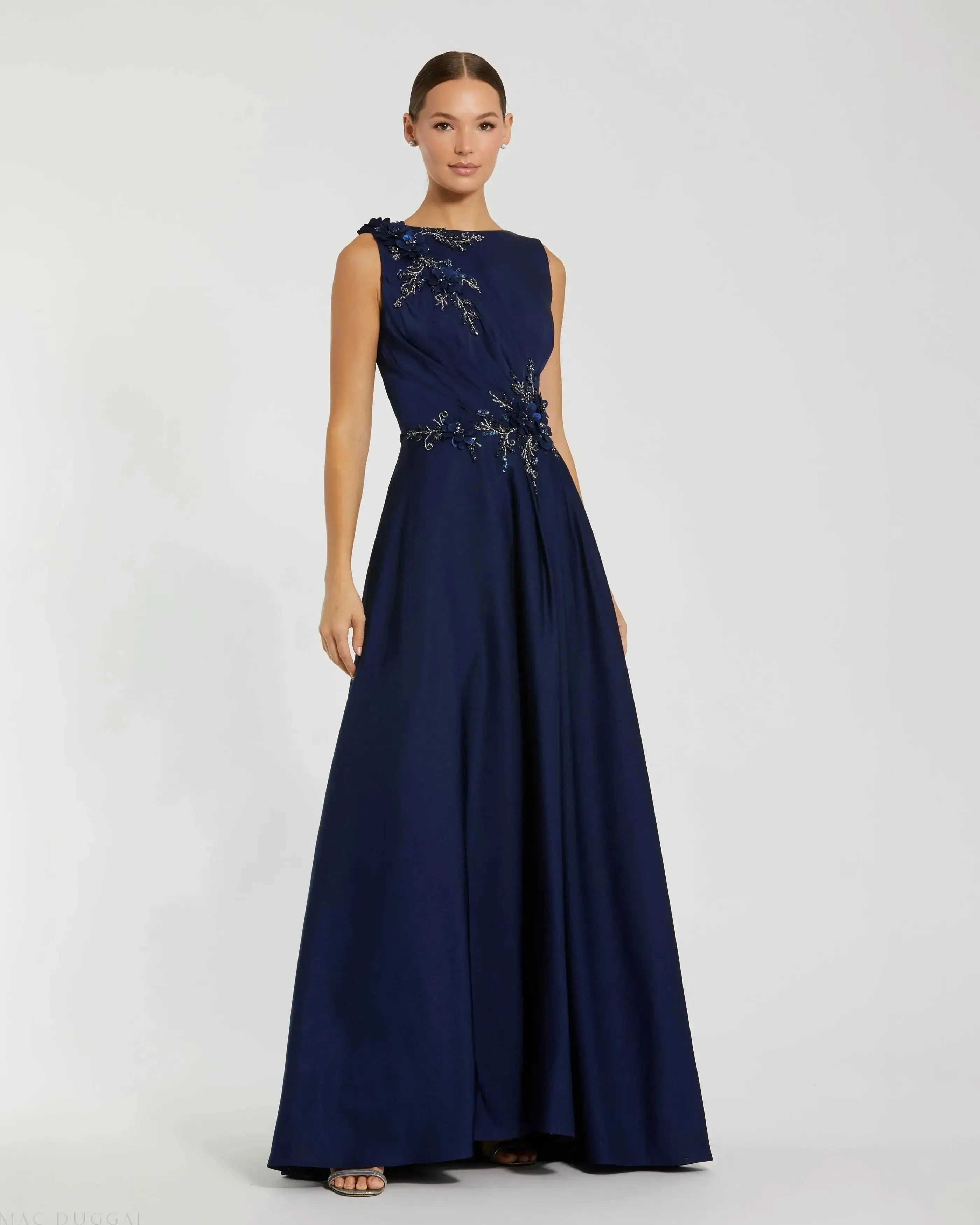 Navy Floral Applique Sleeveless A Line Gown-Myartka
