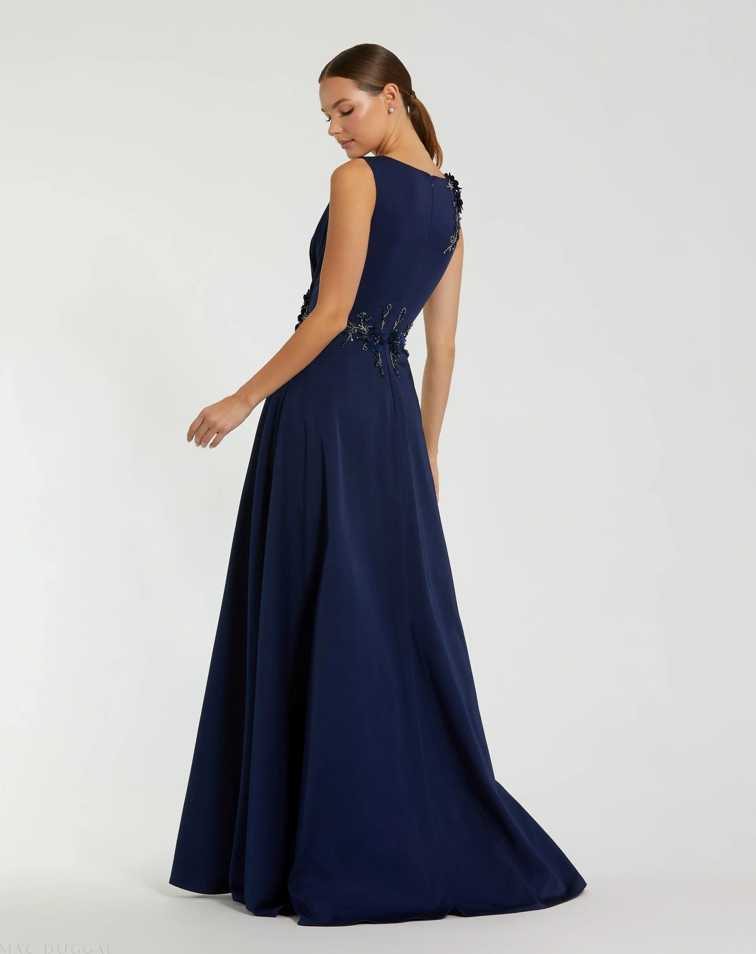 Navy Floral Applique Sleeveless A Line Gown-Myartka