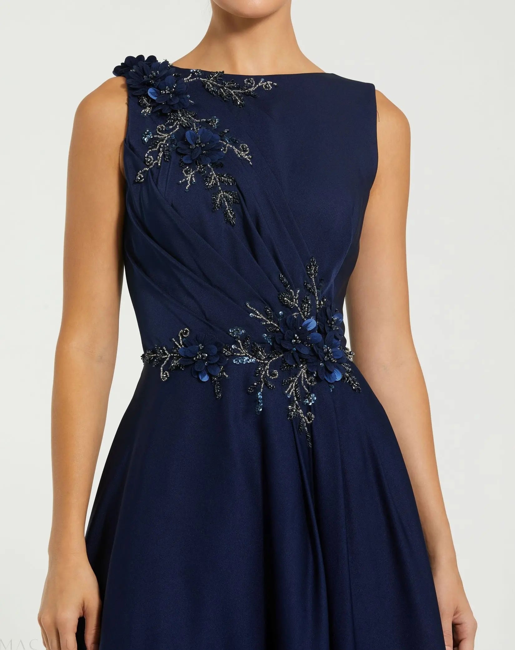 Navy Floral Applique Sleeveless A Line Gown-Myartka