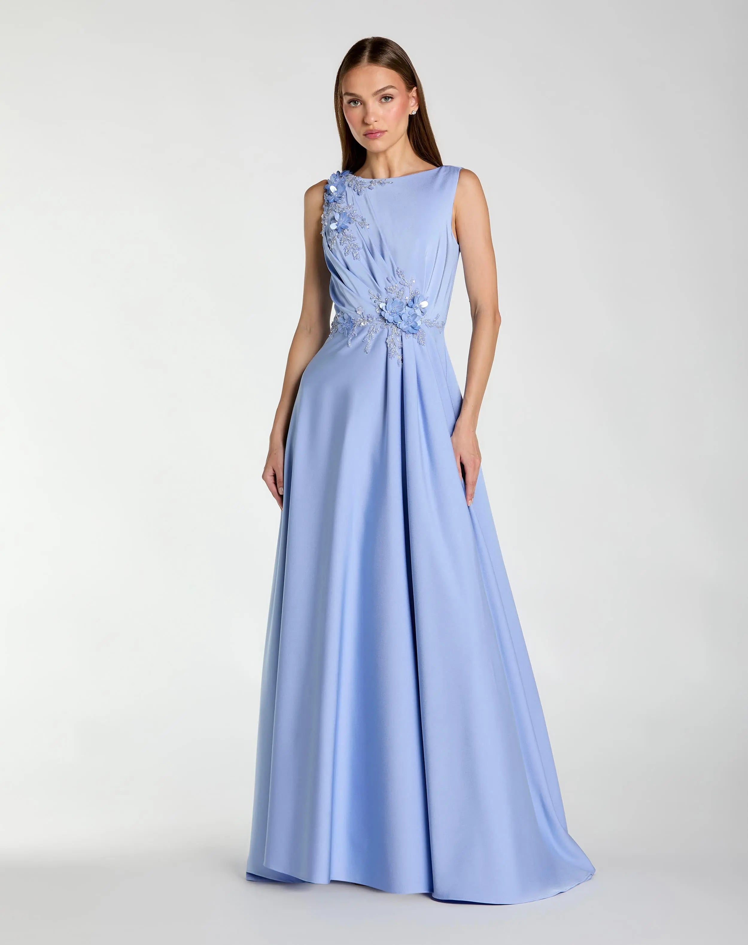 Blue Floral Applique Sleeveless A Line Gown-Myartka