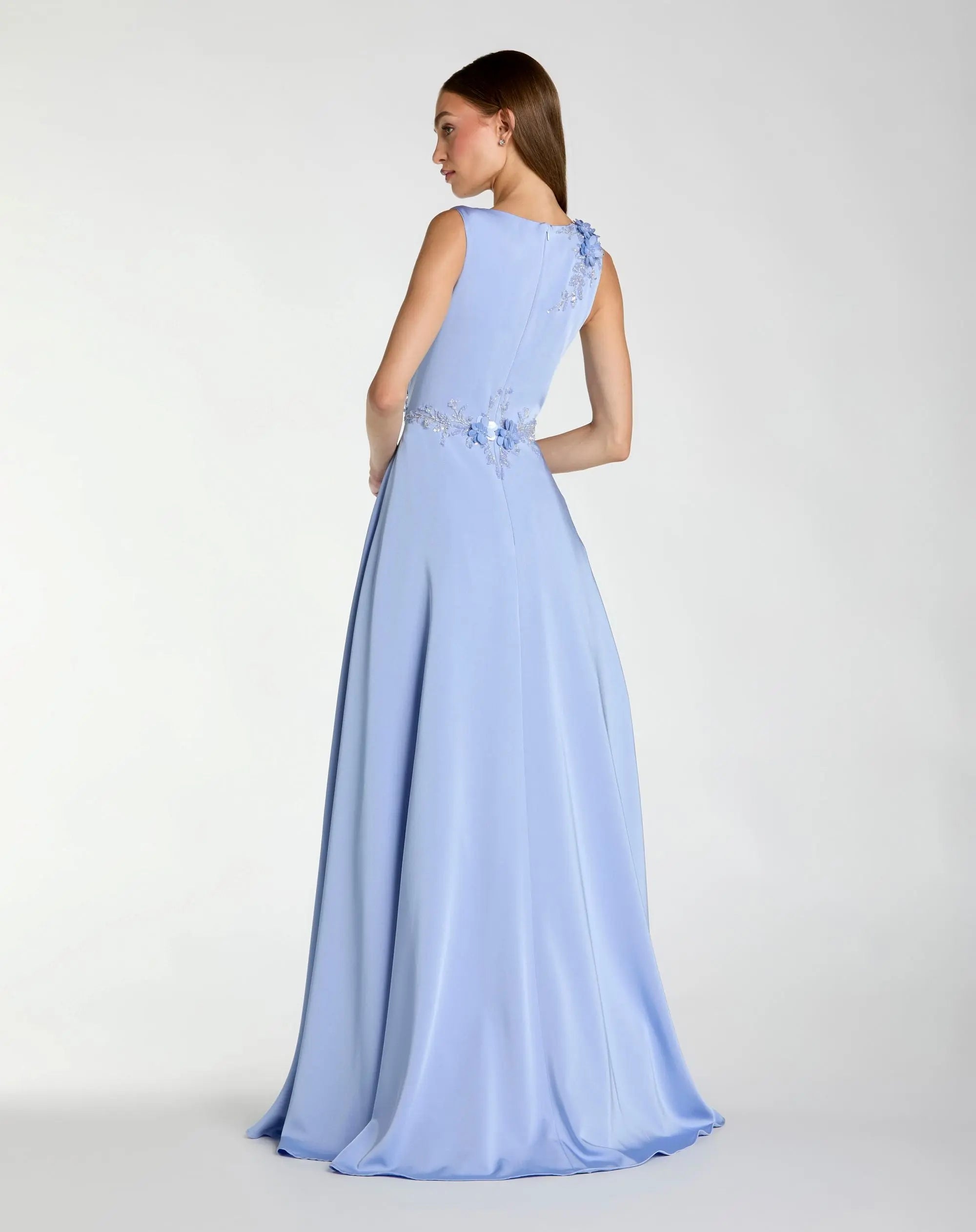 Blue Floral Applique Sleeveless A Line Gown-Myartka