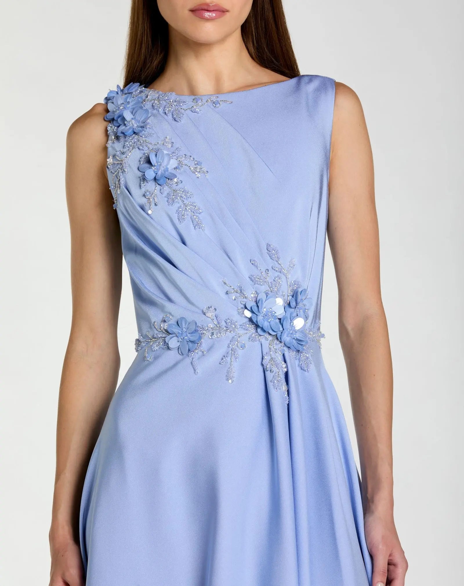 Blue Floral Applique Sleeveless A Line Gown-Myartka