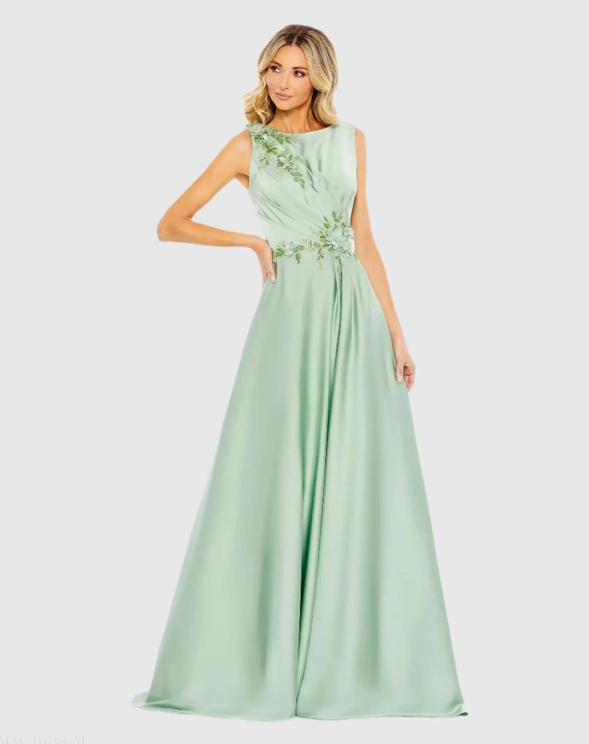 Green Floral Applique Sleeveless A Line Gown-Myartka