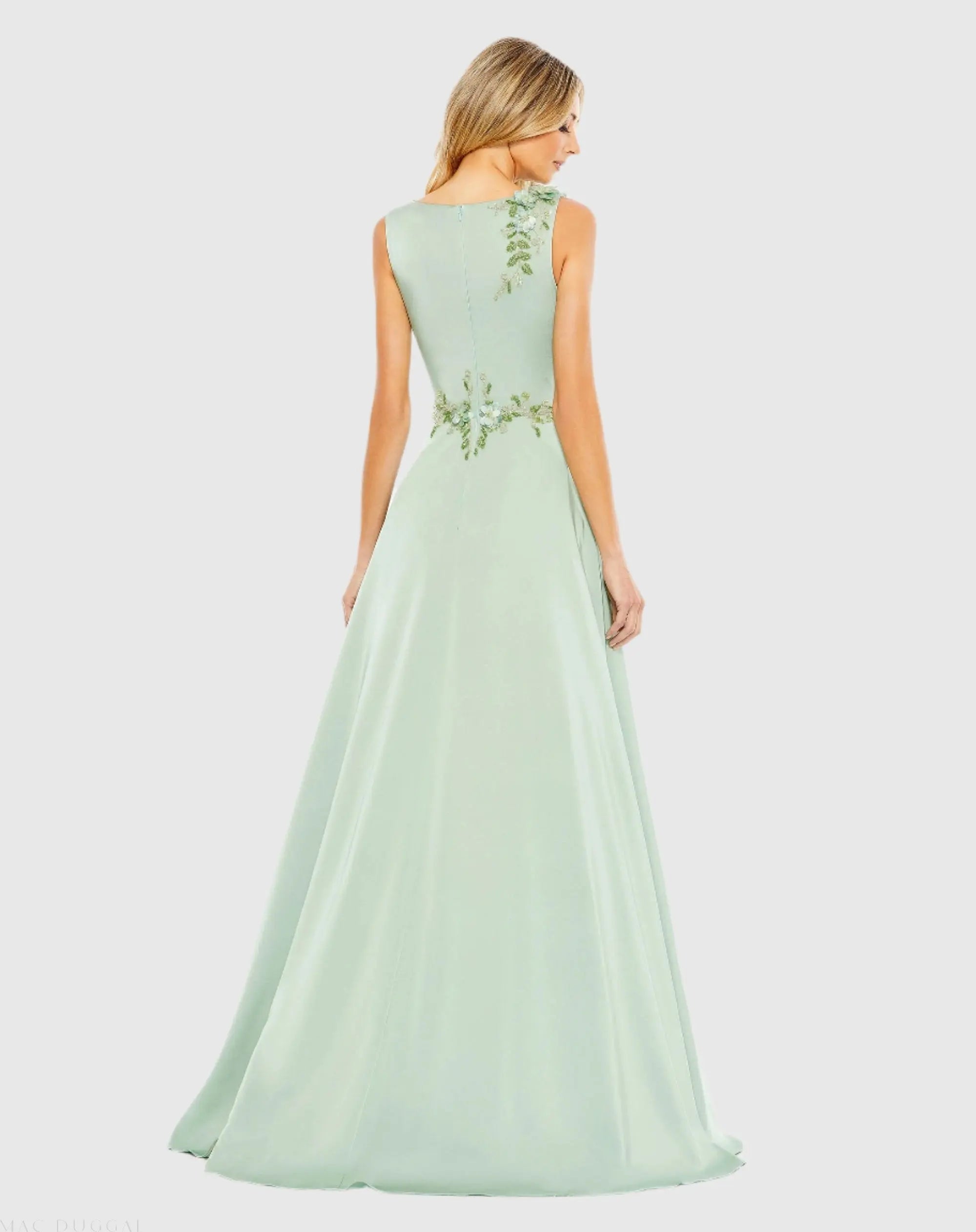 Green Floral Applique Sleeveless A Line Gown-Myartka