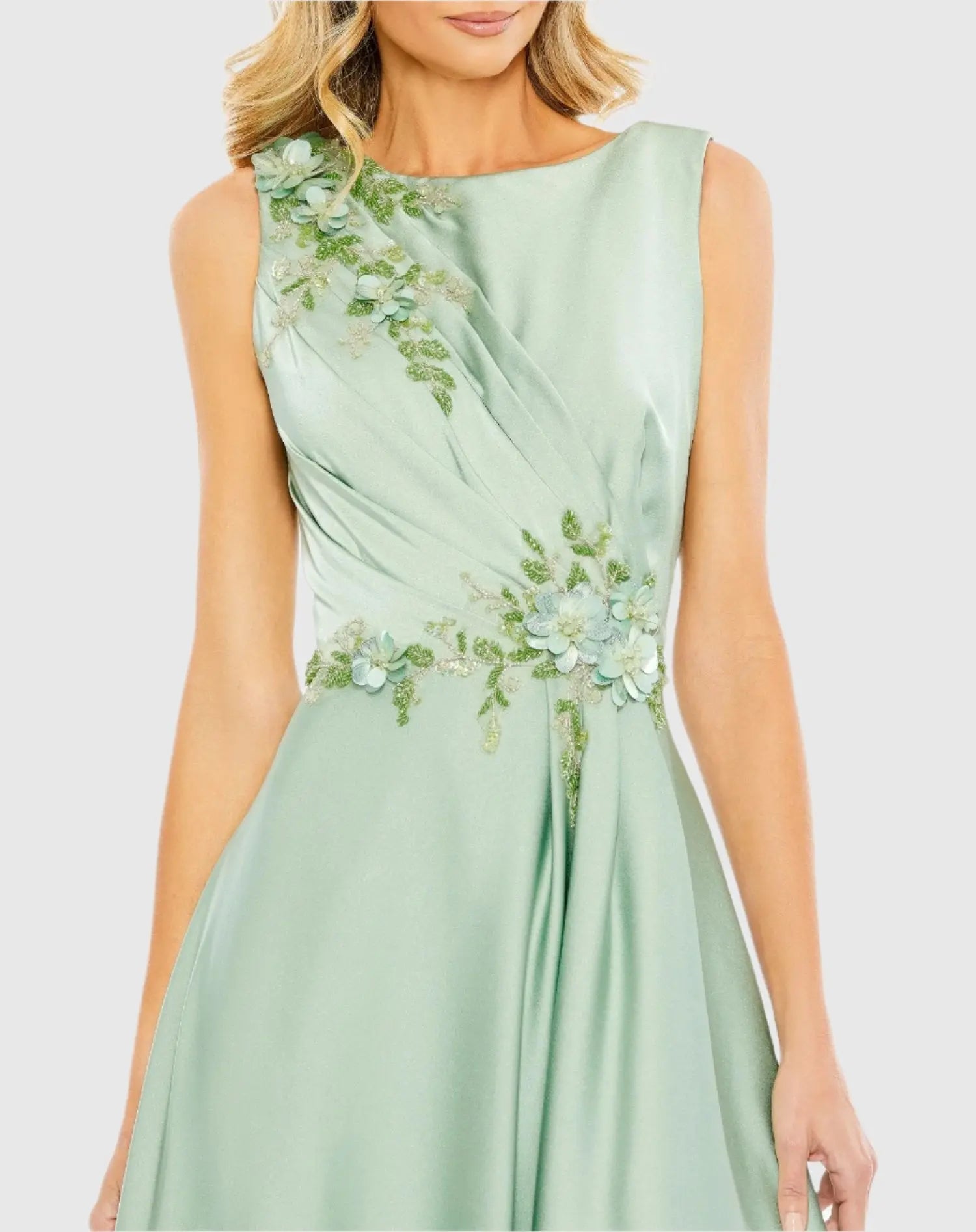 Green Floral Applique Sleeveless A Line Gown-Myartka