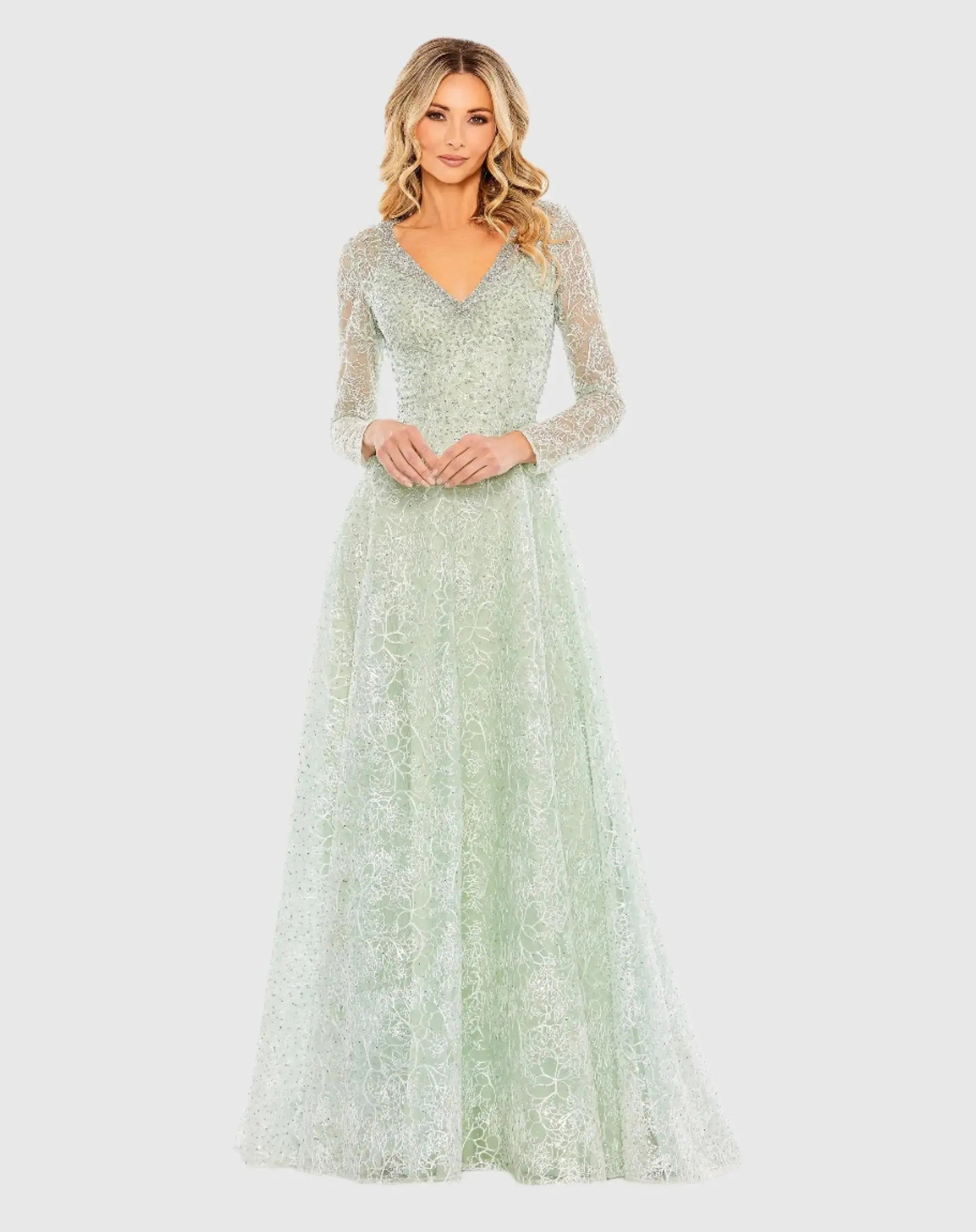 Crystal Embellished Long Sleeve V-Neck Gown-Myartka