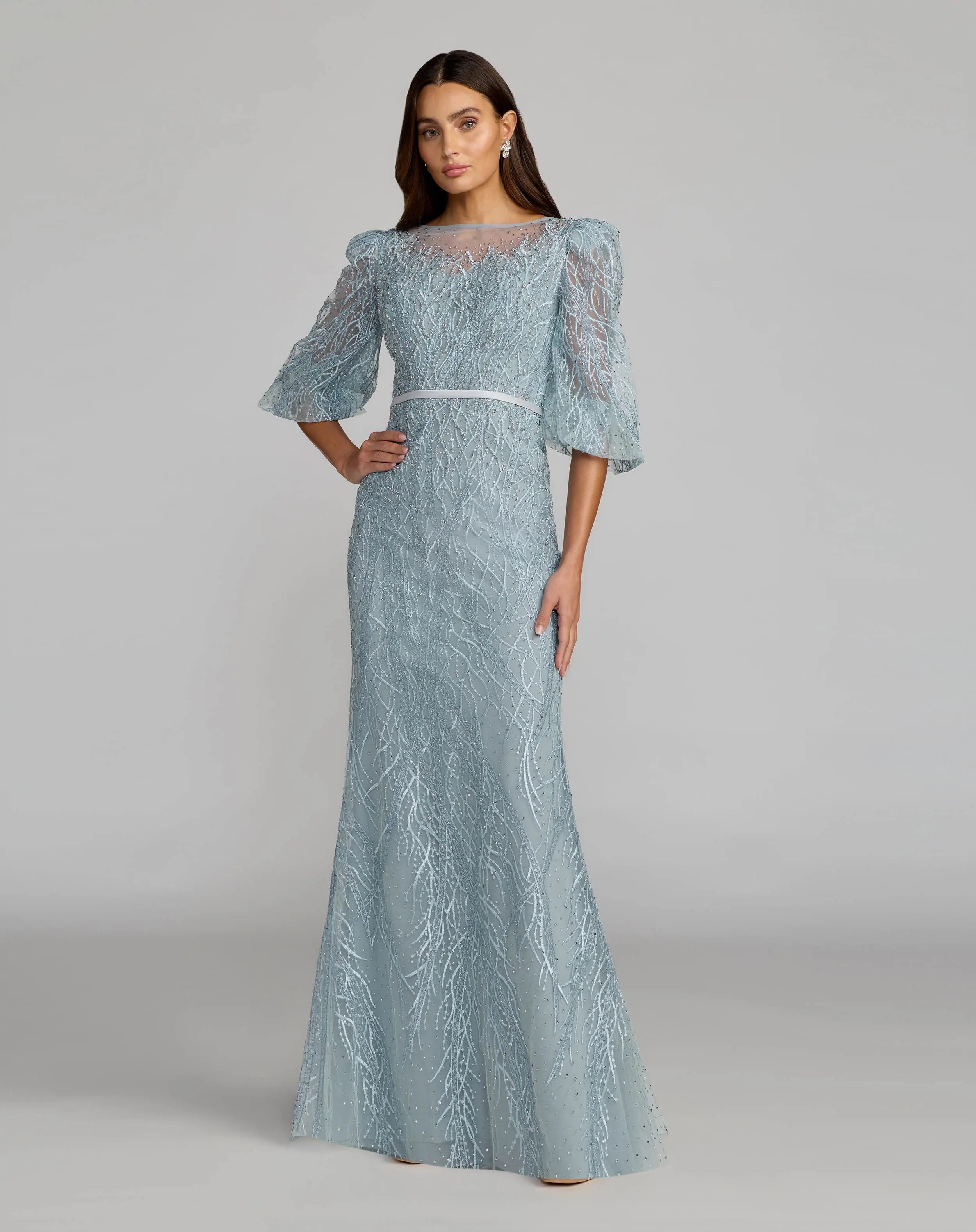 Blue Embroidered Boat Neck Puff Sleeve Gown-Myartka