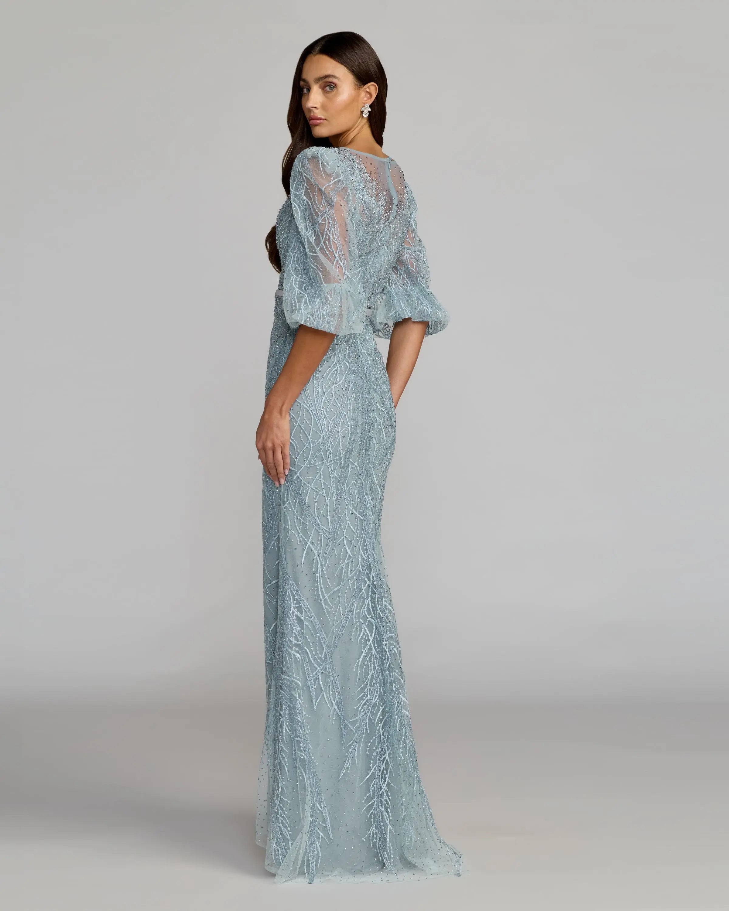 Blue Embroidered Boat Neck Puff Sleeve Gown-Myartka