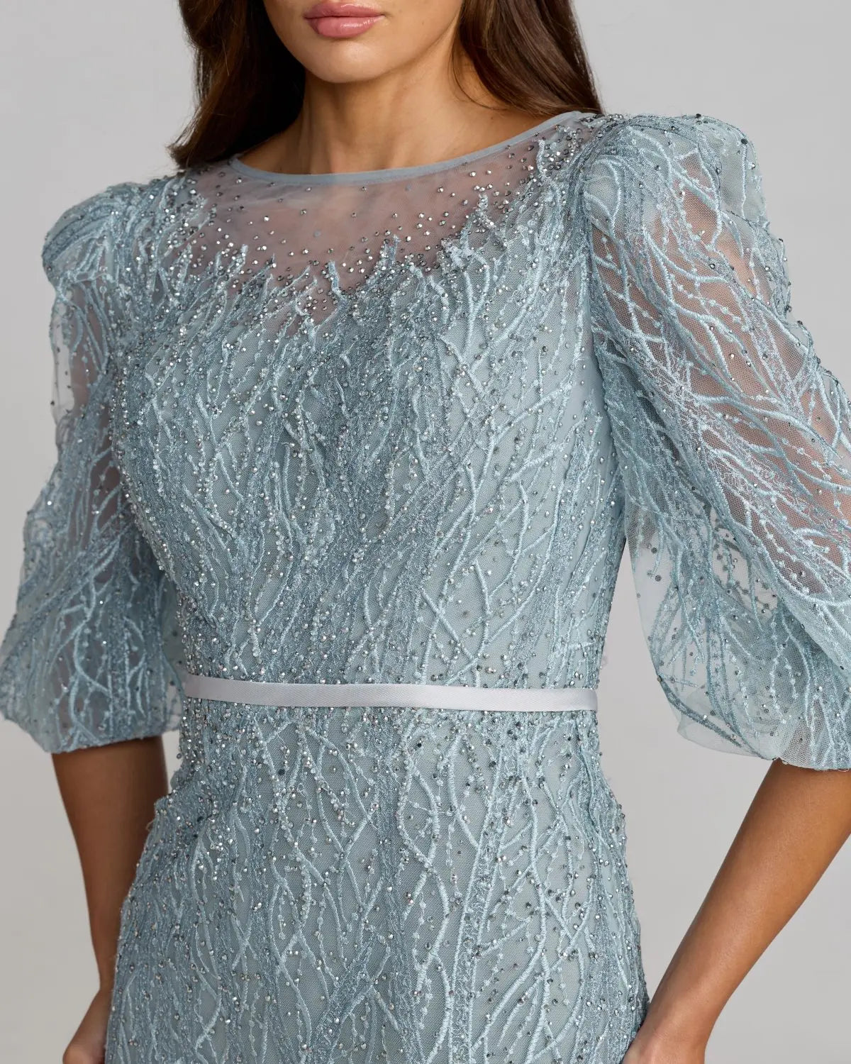 Blue Embroidered Boat Neck Puff Sleeve Gown-Myartka