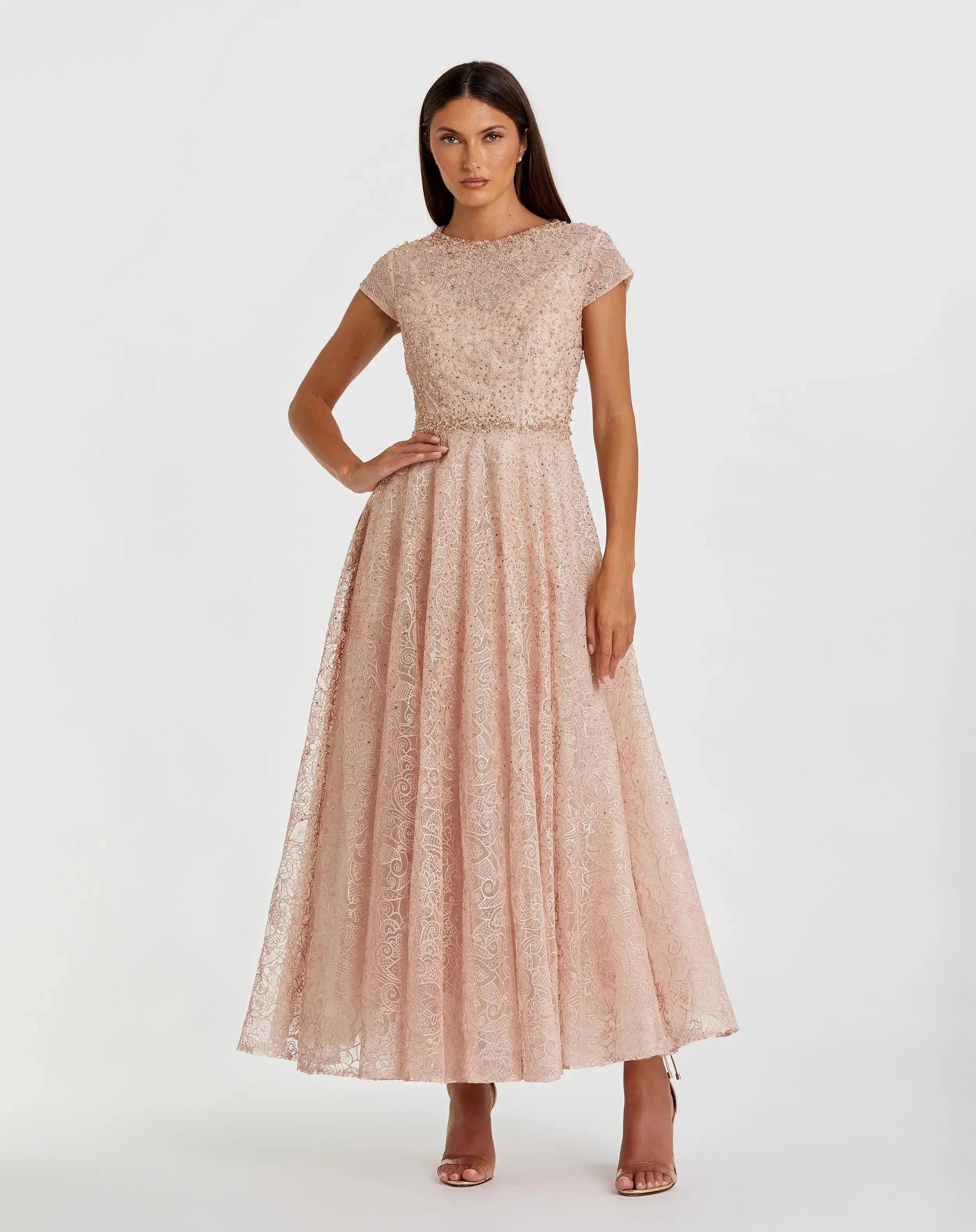 Pink Embellished Cap Sleeve A Line Dress-Myartka