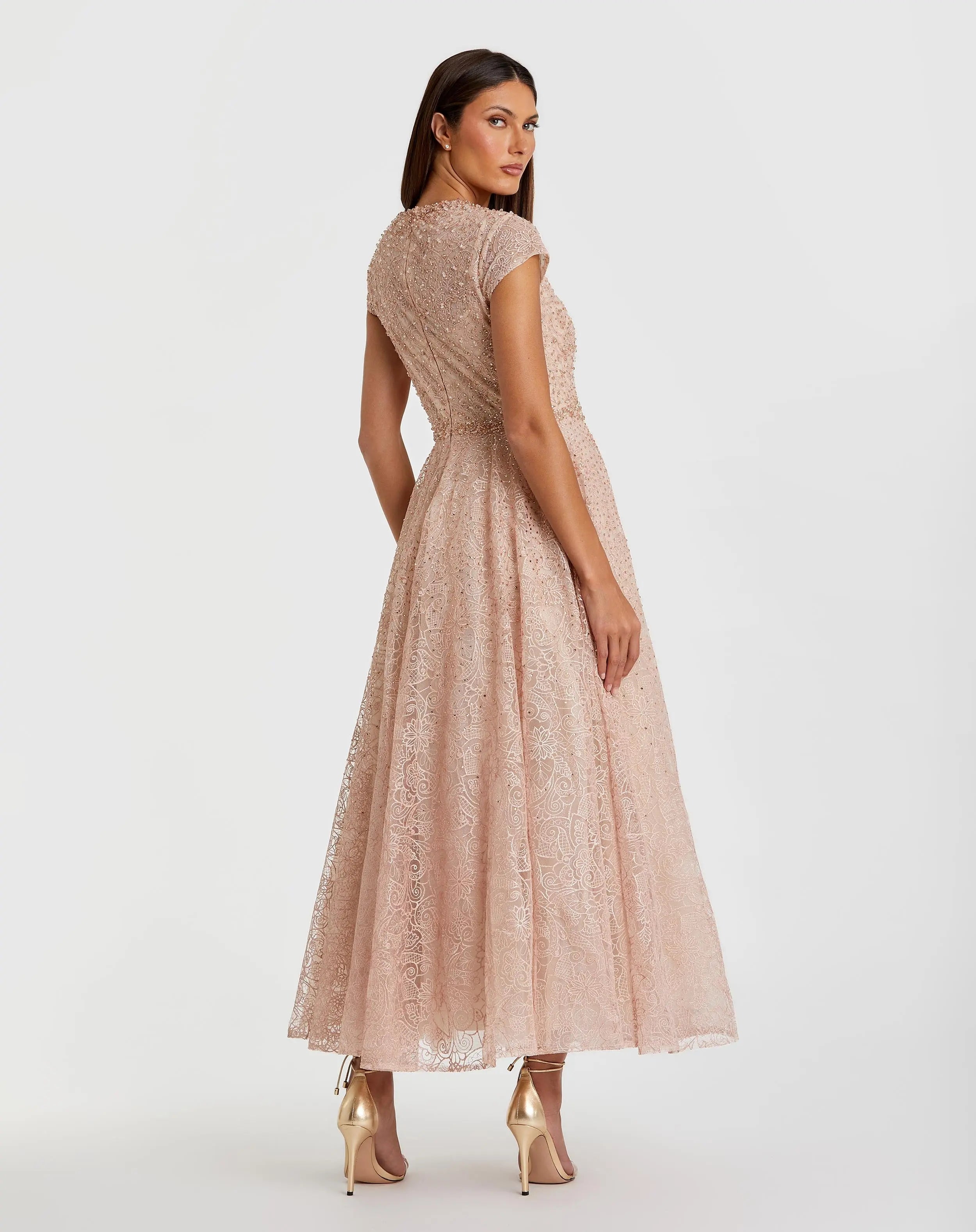Pink Embellished Cap Sleeve A Line Dress-Myartka